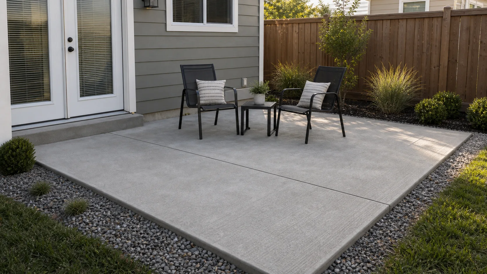 Simple budget-friendly concrete patio with a gravel border and portable outdoor furniture.