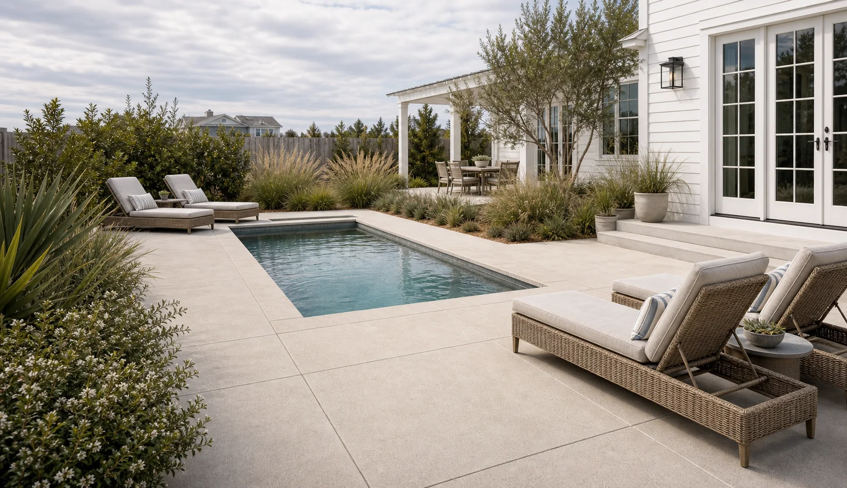 Coastal-style pool patio with pale concrete, woven lounge chairs, and relaxed planting.