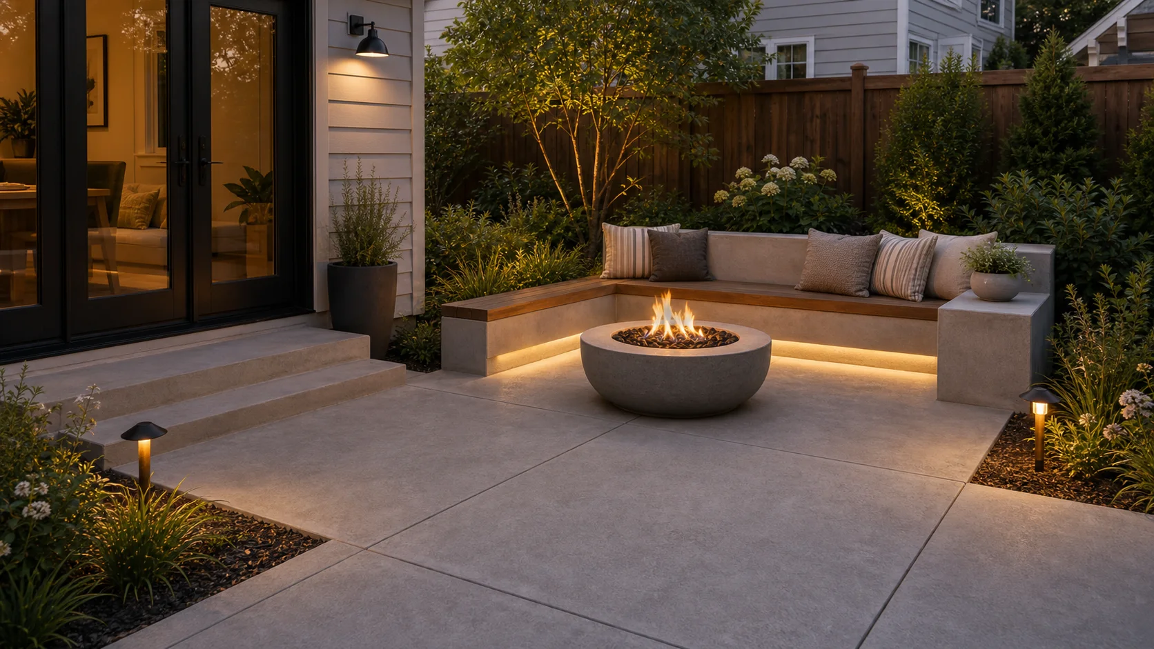 Compact concrete patio with a built-in corner bench and small round fire table.
