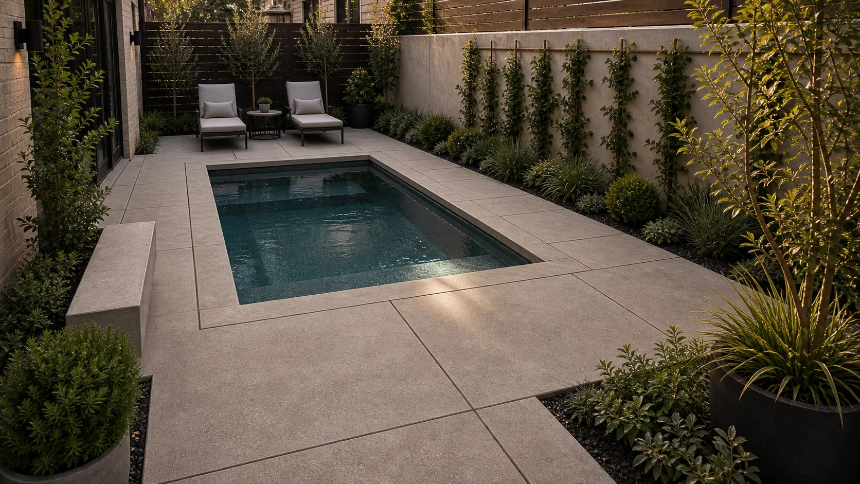 Compact concrete courtyard patio around a small plunge pool with modern seating.