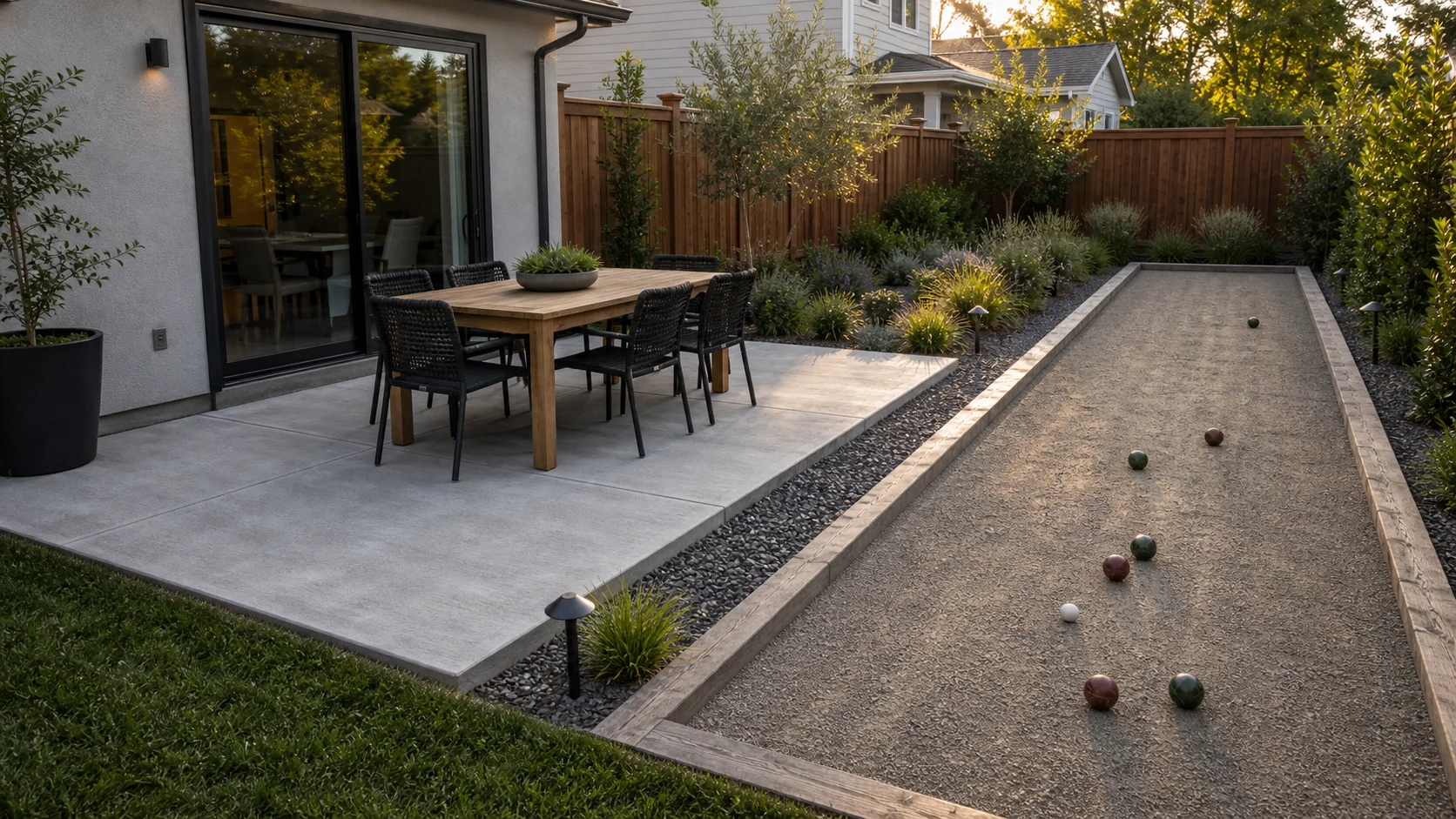Concrete patio beside a compact bocce court and casual outdoor seating.
