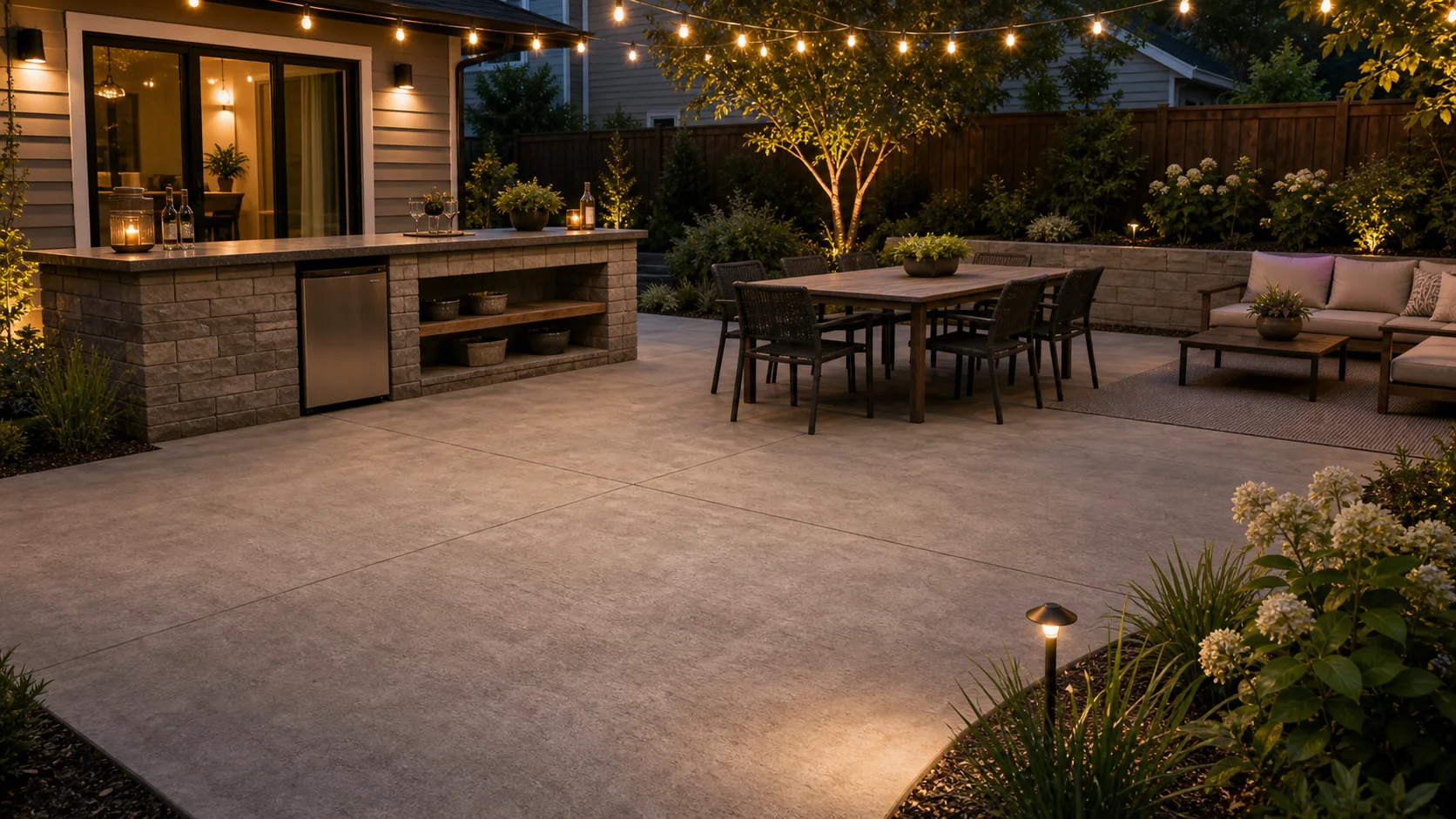 Concrete patio with a built-in beverage counter, dining area, and simple planting.