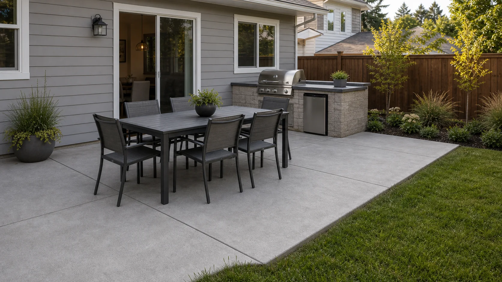 Concrete entertainment patio with a compact grill island, dining area, and lawn edge.