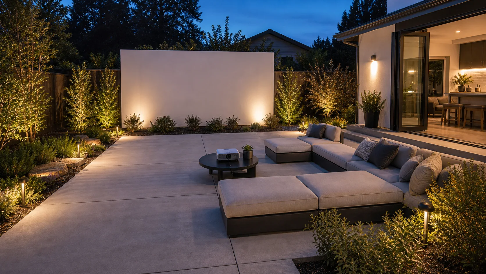 Concrete patio arranged for an outdoor movie night with a simple projection wall and lounge seating.