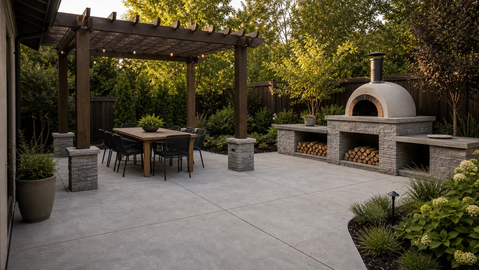 Concrete patio with an outdoor dining table and a compact masonry pizza oven zone.