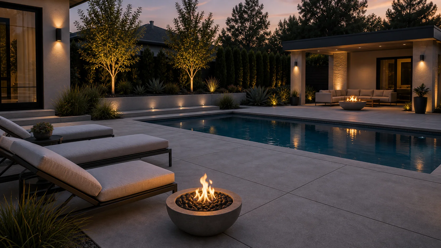 Concrete pool terrace with low fire bowls, lounge chairs, and a modern garden edge.