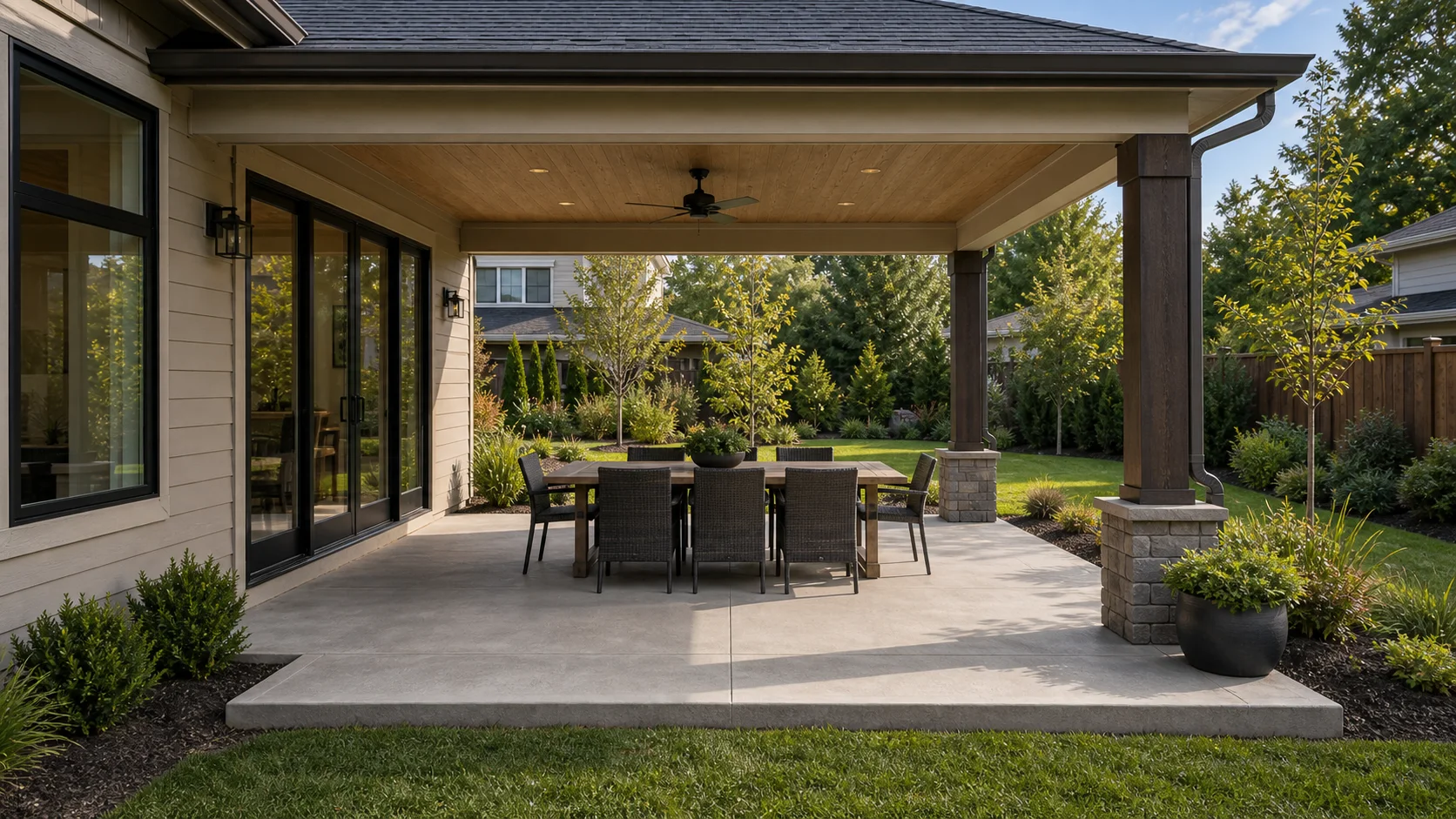 Covered concrete patio with a ceiling fan, dining table, and adjacent garden planting.