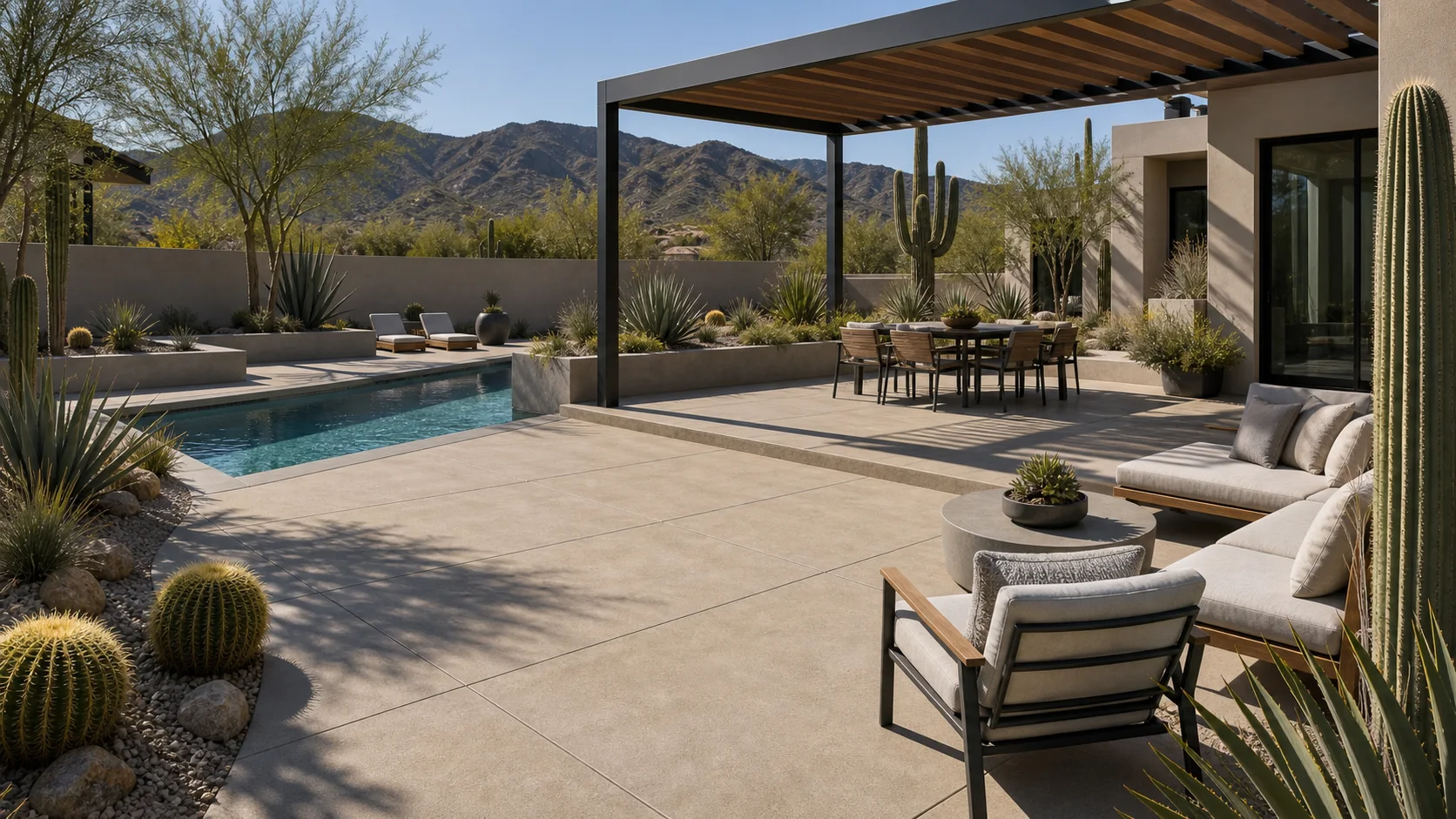 Desert-modern concrete pool patio with warm-toned concrete, cacti, and shaded lounge seating.