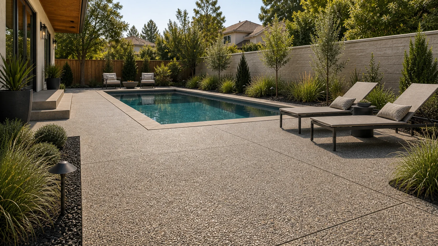 Exposed aggregate concrete pool patio with lounge seating and drought-tolerant planting.