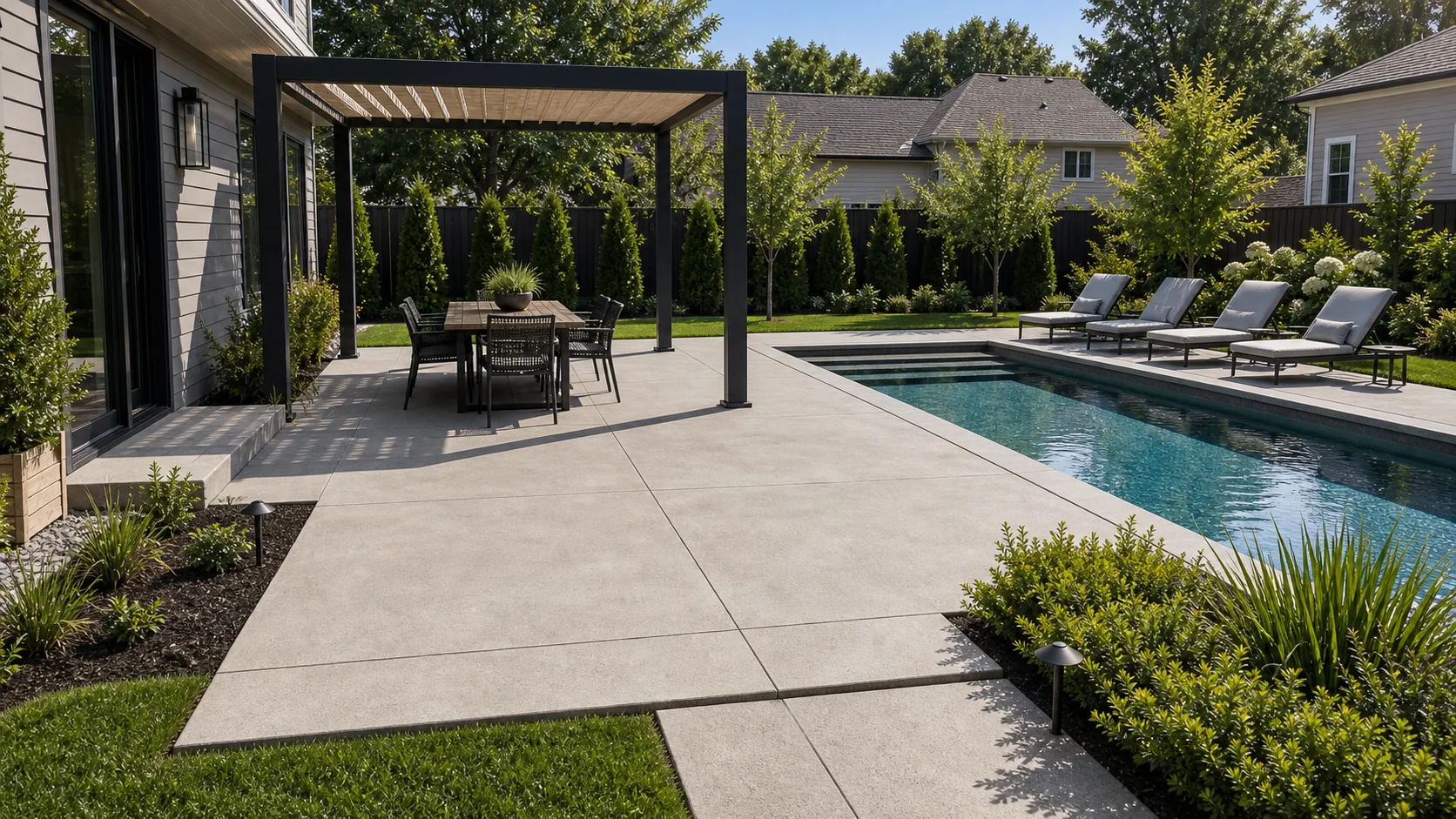 Family poolside concrete patio with a shaded dining zone, lounge chairs, and planted edge.