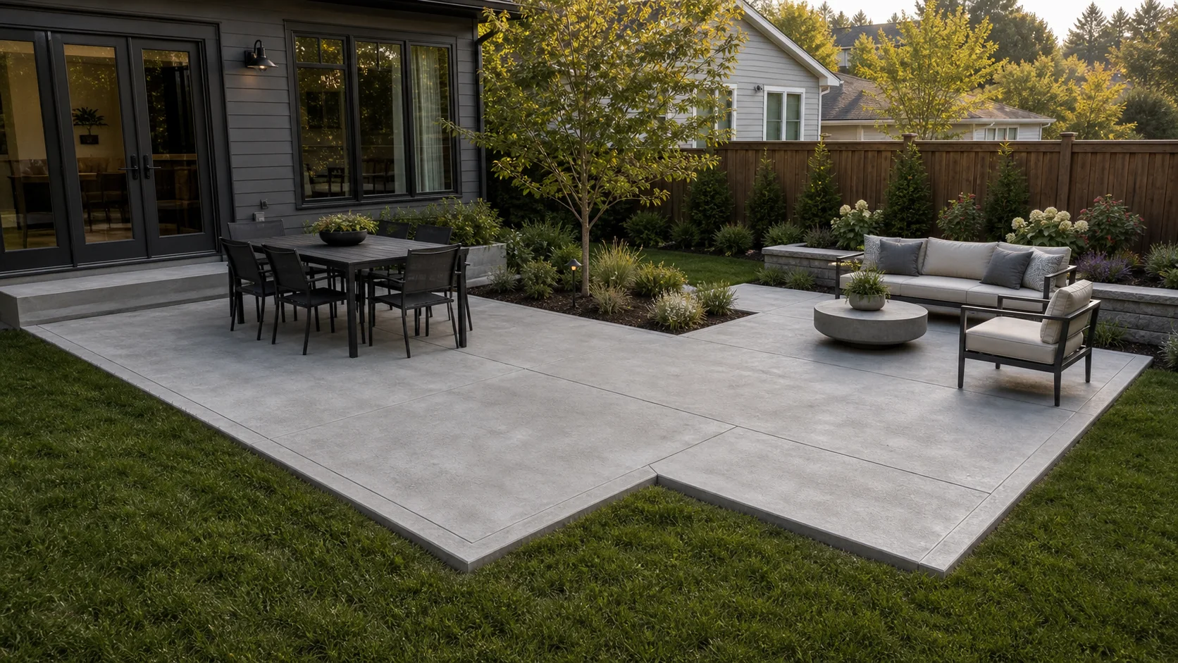 L-shaped concrete patio separating a dining area from a lounge area in a suburban backyard.