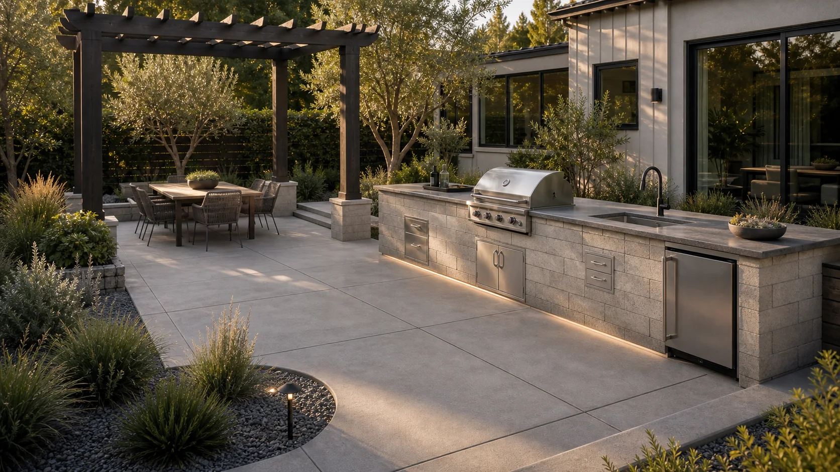 Luxury concrete patio with an architectural outdoor kitchen, dining space, and modern planting.