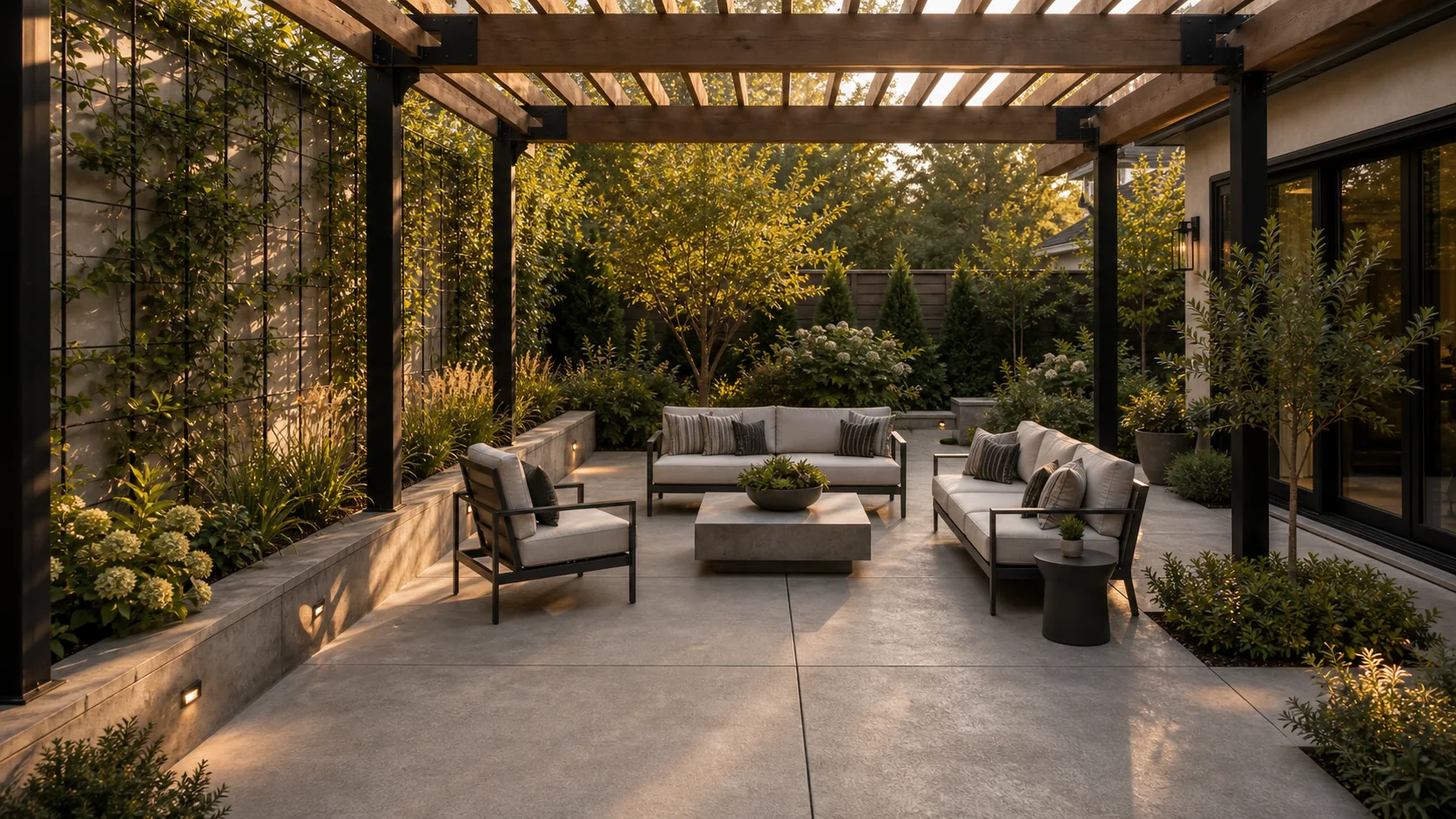 Luxury concrete patio forming a garden room beneath a timber and steel pergola.