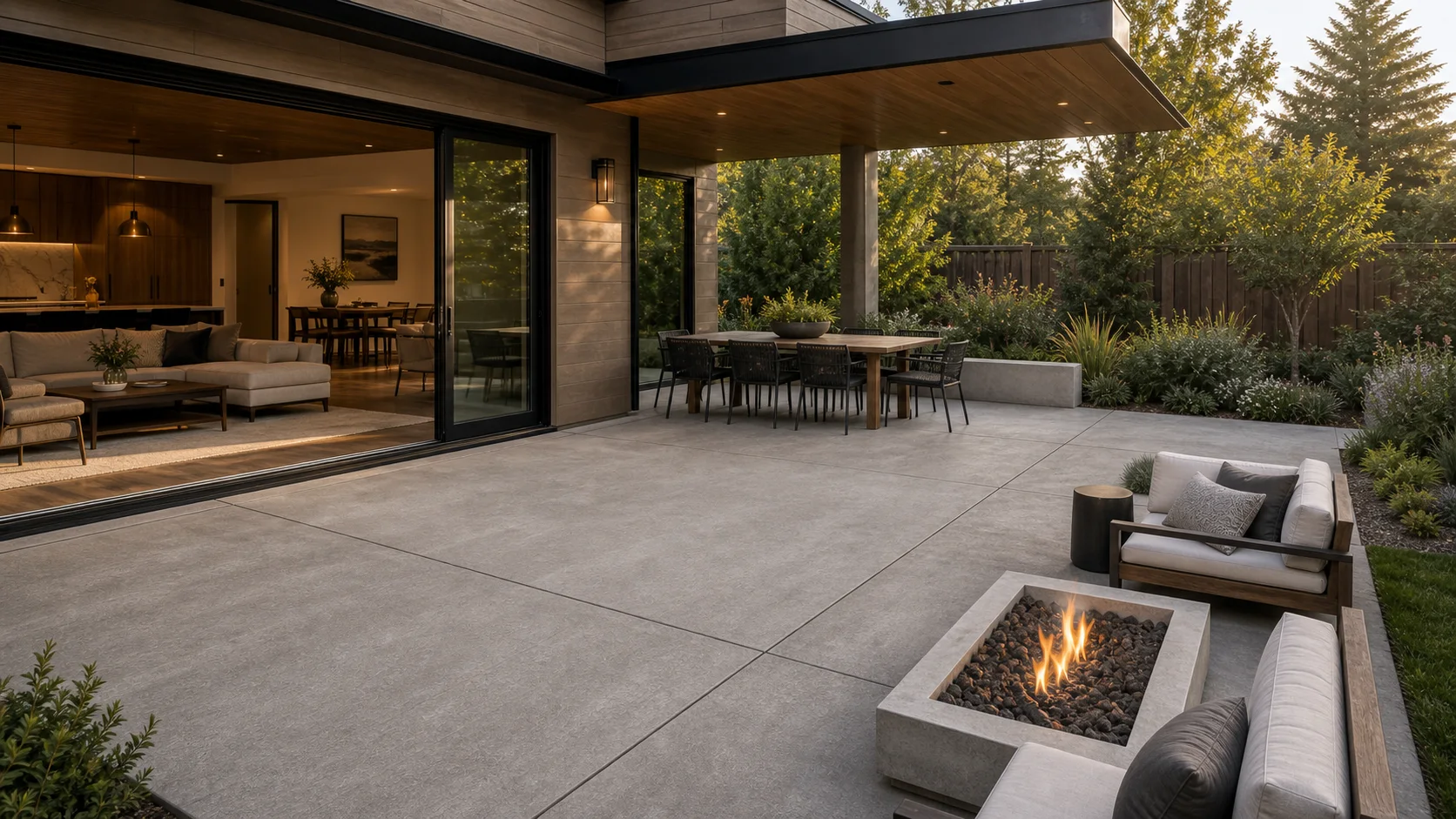 Large concrete patio extending from a modern indoor-outdoor great room through sliding glass doors.