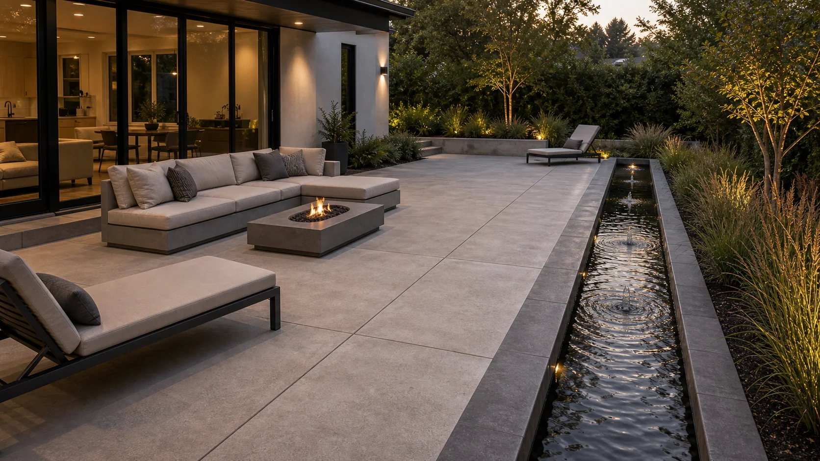 Luxury concrete patio with a narrow reflecting water feature and modern lounge seating.