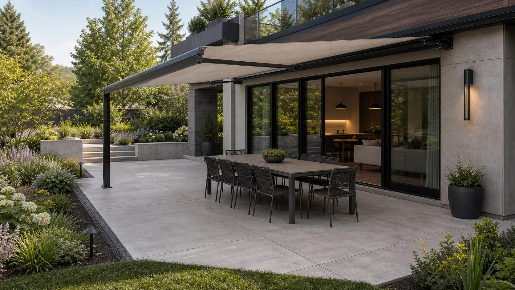 Luxury concrete dining terrace with a retractable canopy and planted garden edge.