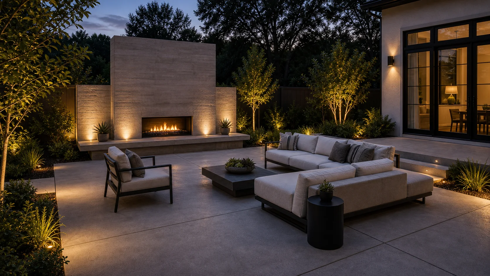 Luxury concrete patio with a sculptural outdoor fireplace wall and lounge seating.