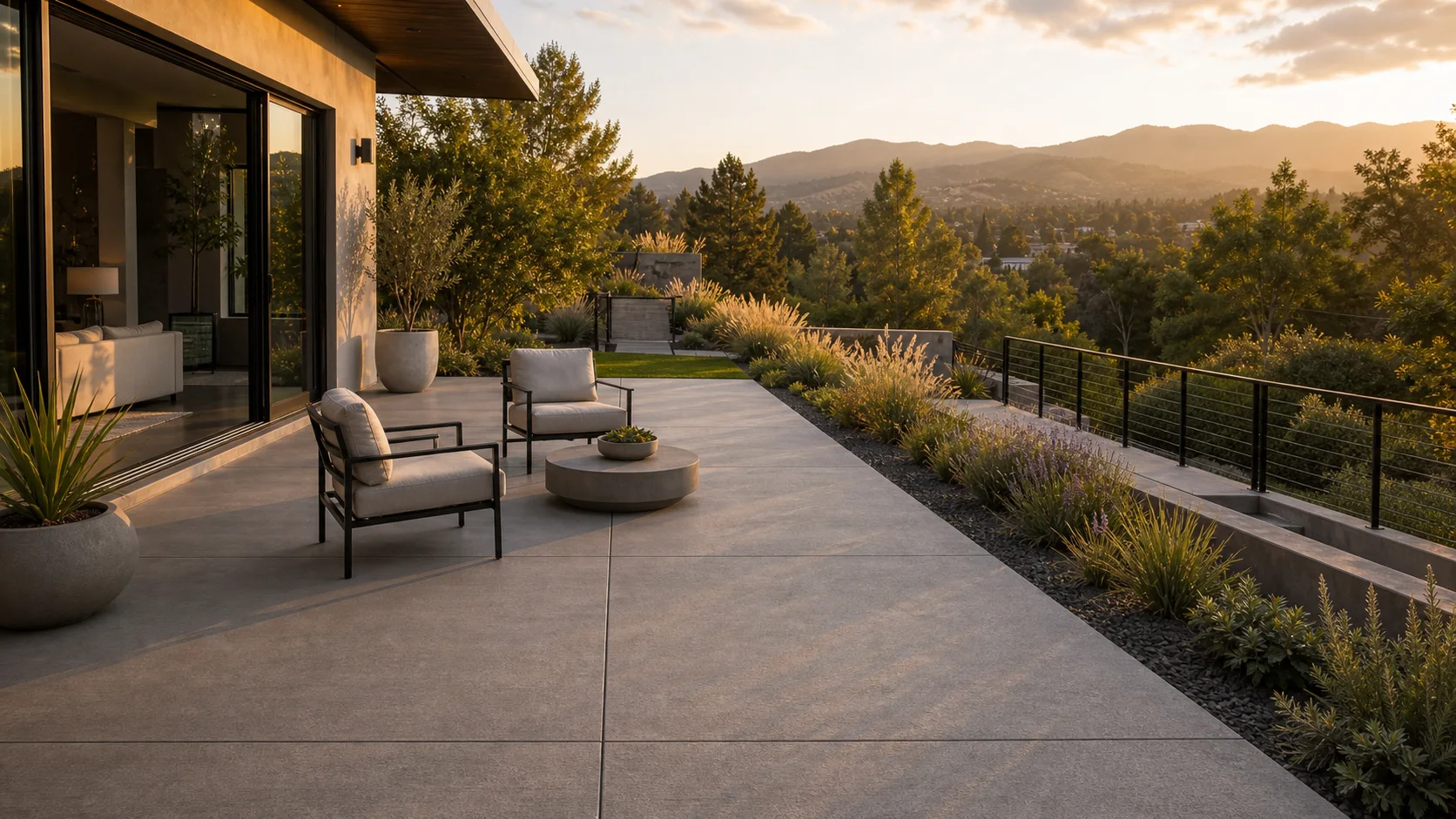 Luxury concrete terrace with lounge seating and a framed view toward a landscaped garden.