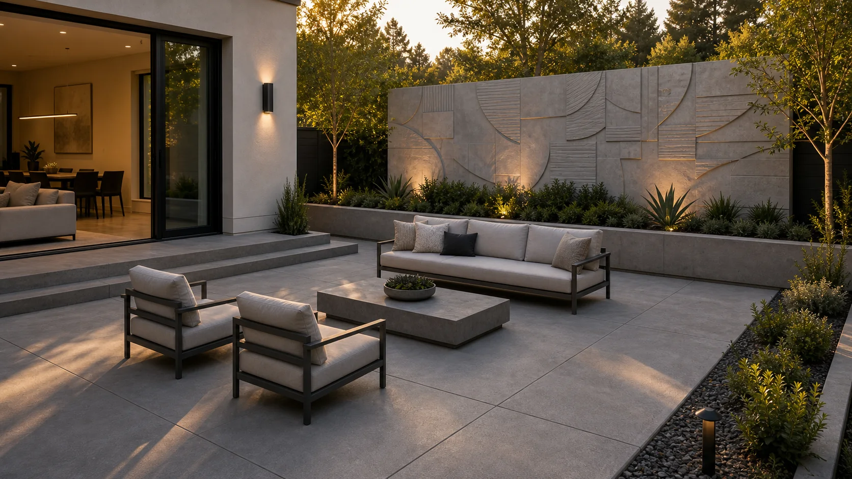 Modern concrete patio with a textured art wall, lounge furniture, and structured planting.