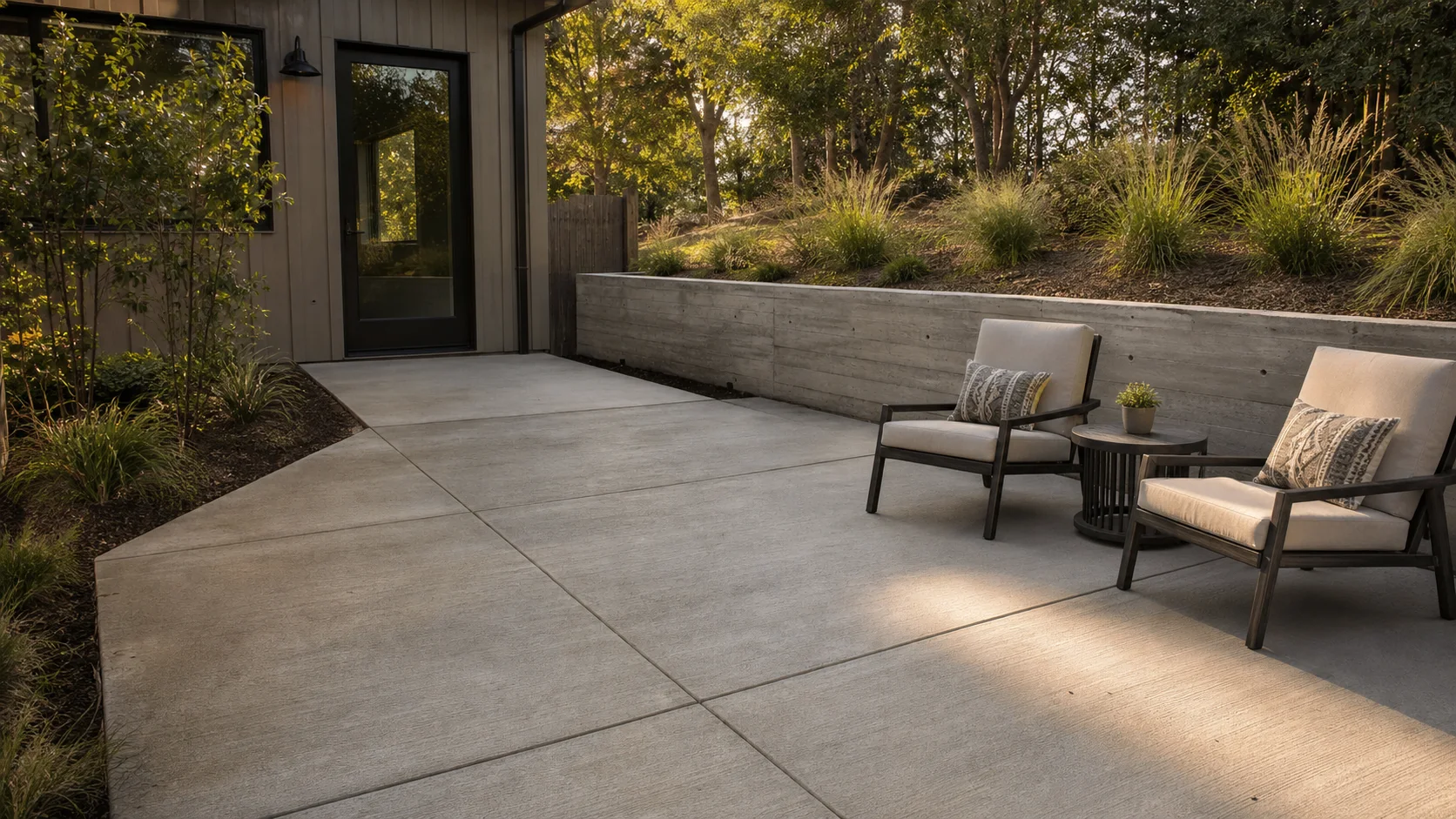 Modern concrete patio with a low board-formed retaining edge and native planting.