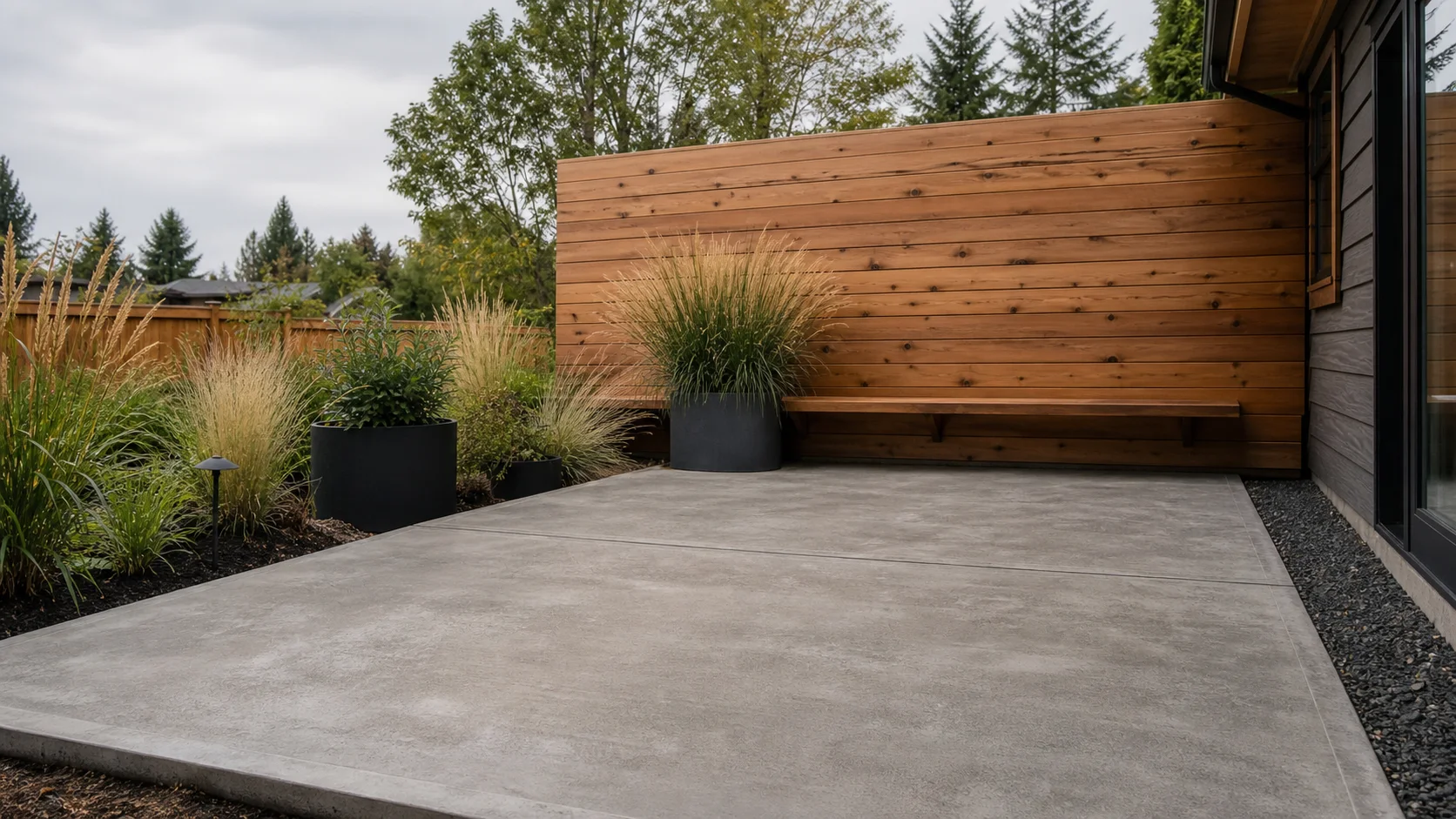Warm-gray concrete patio beside a cedar privacy wall and simple built-in bench.