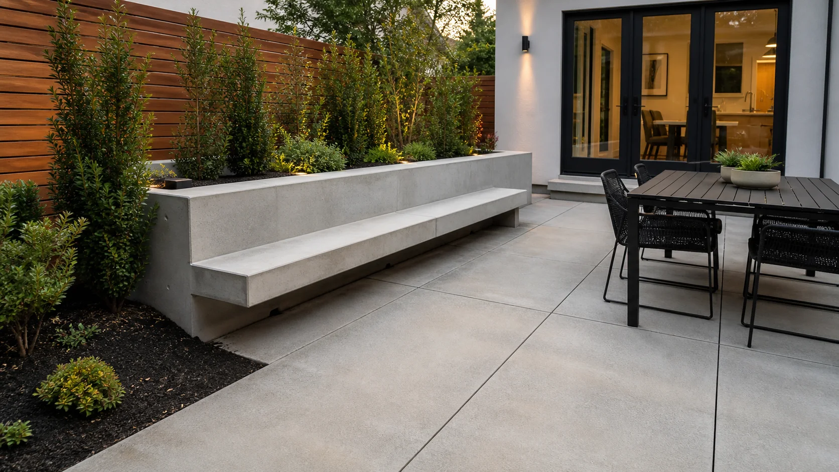 Modern concrete patio with an integrated planter bench and structured evergreen planting.