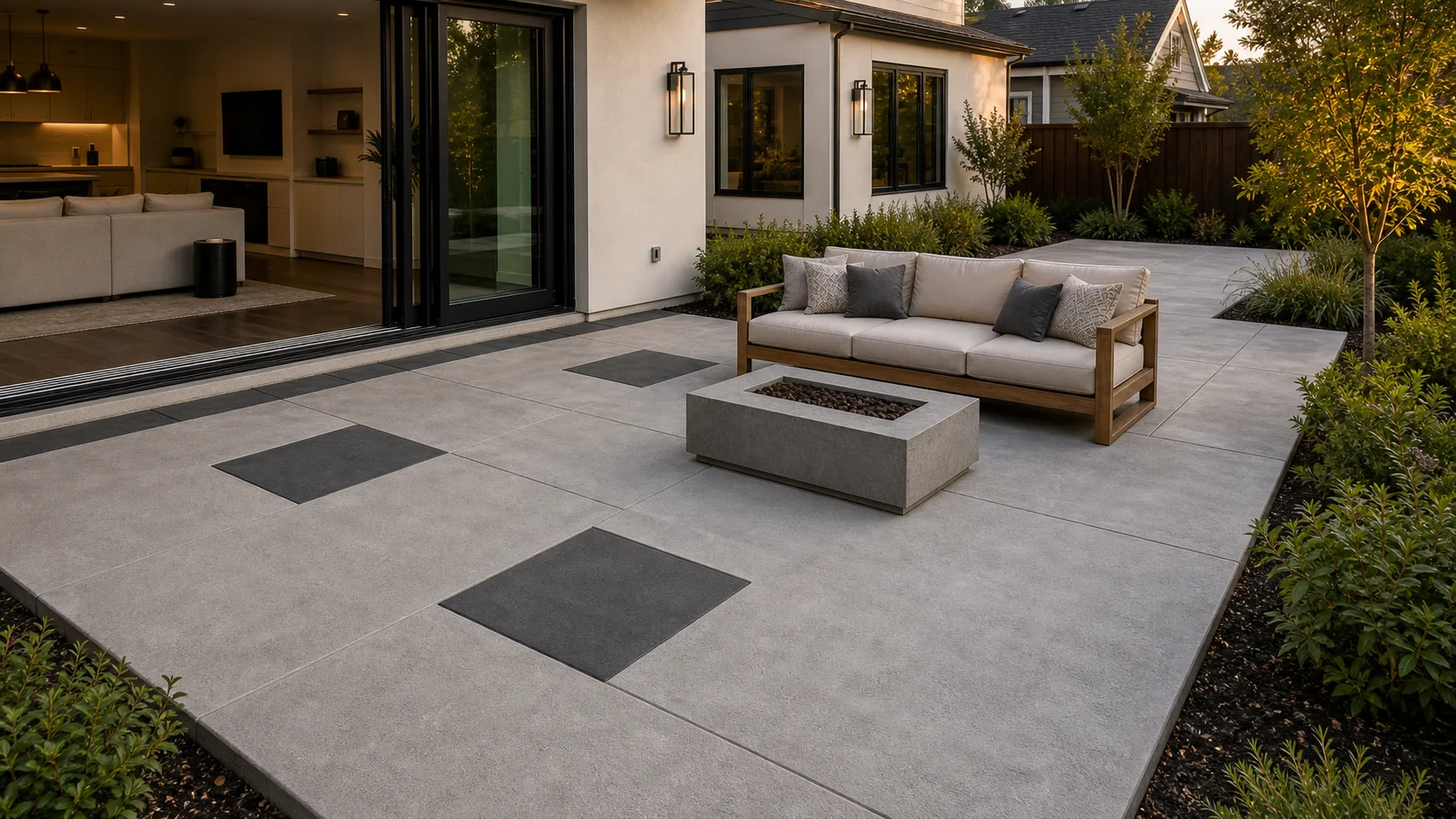 Modern concrete patio with inset dark concrete pavers forming a subtle geometric pattern.