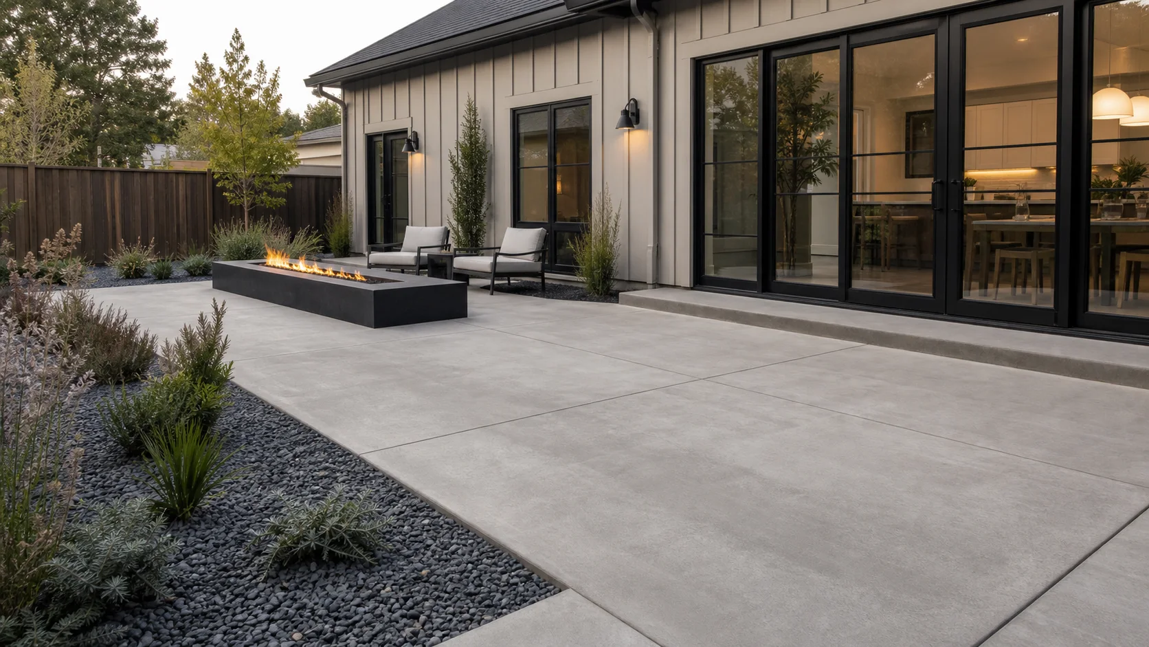 Modern concrete courtyard patio with large rectangular slabs, a linear fire feature, and restrained planting.