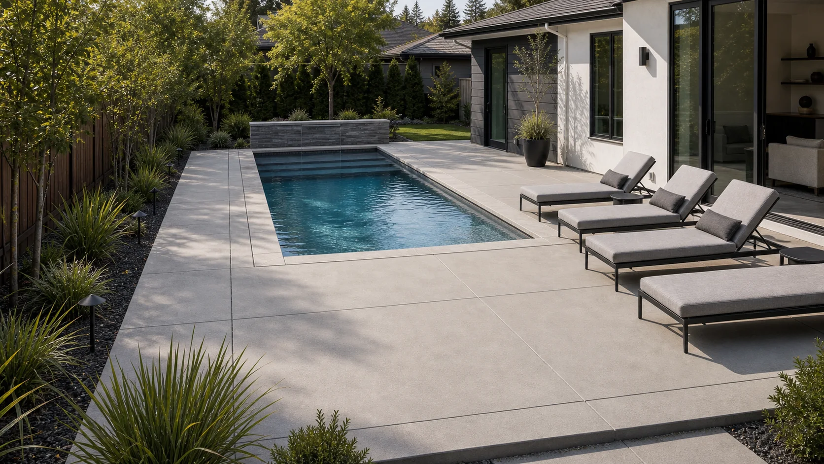 Modern poolside concrete patio with large panels, lounge chairs, and simple planting.