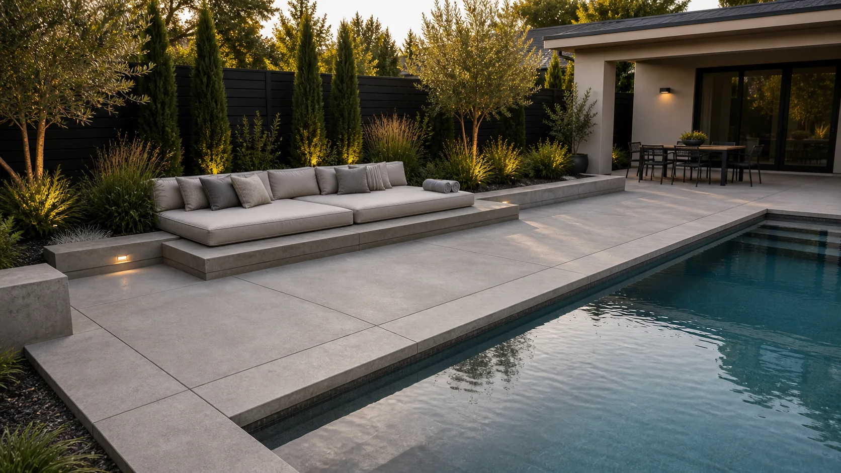 Poolside concrete patio with an integrated raised daybed platform and planted privacy edge.