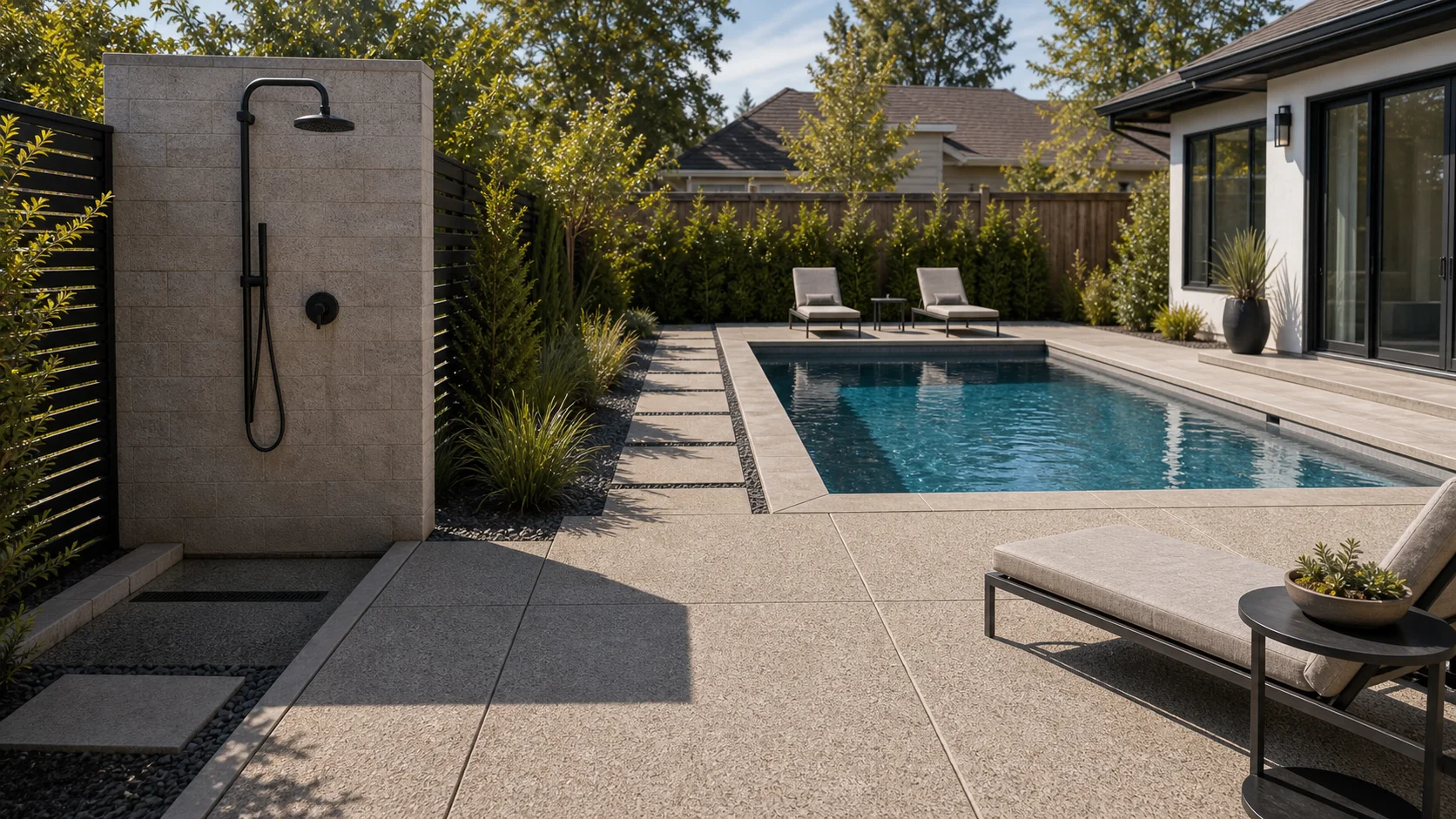 Poolside concrete patio with an outdoor shower wall, lounge chairs, and planting.
