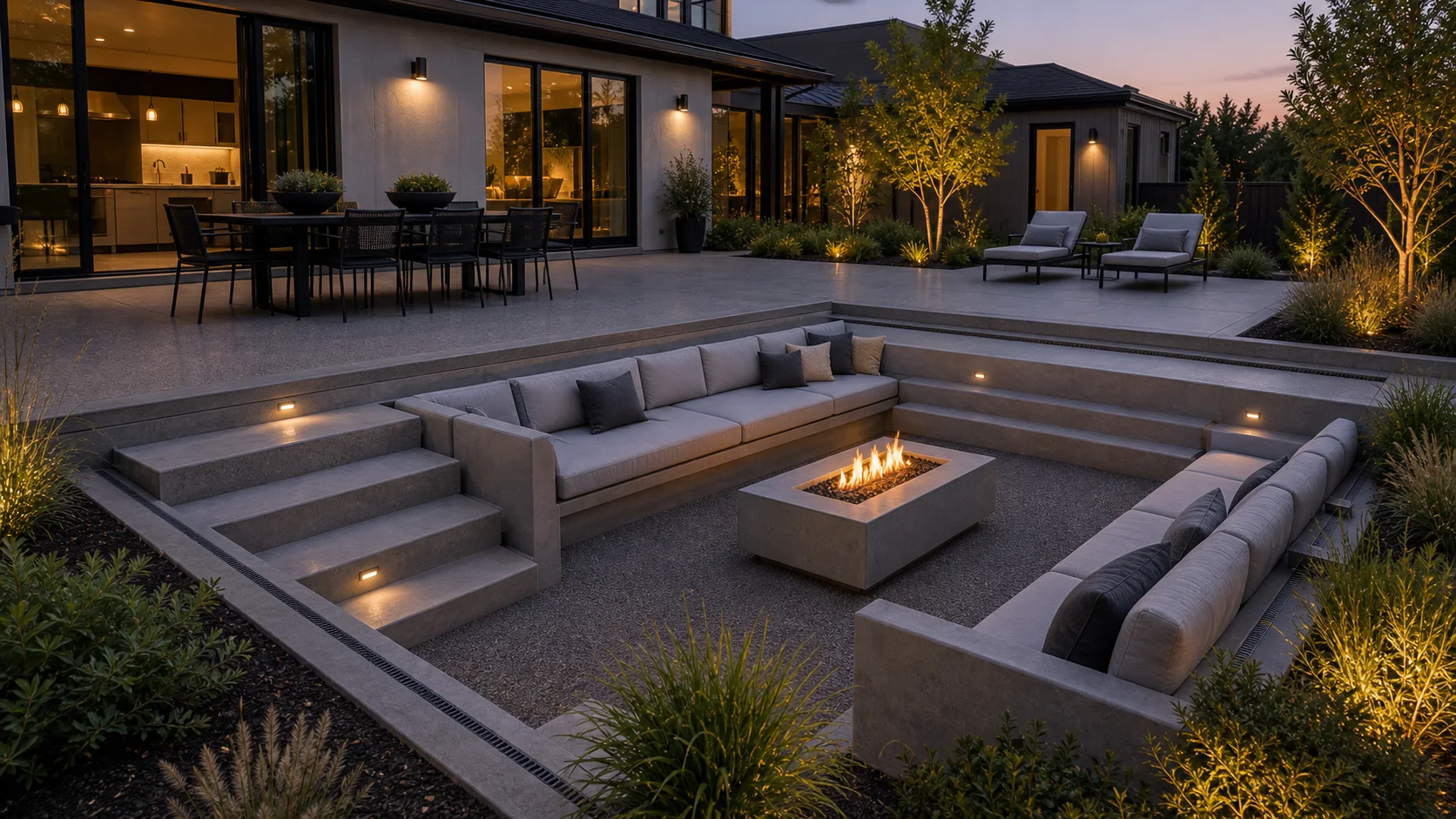 Resort-style concrete patio with a shallow sunken fire lounge and surrounding pool planting.