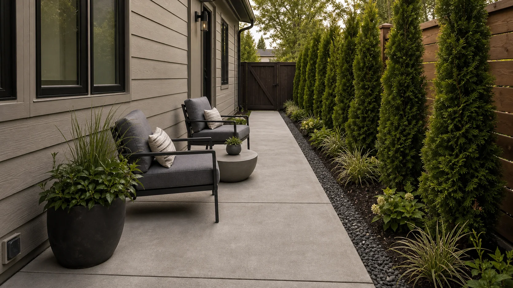 Narrow side-yard concrete patio transformed into a quiet seating retreat with planting.
