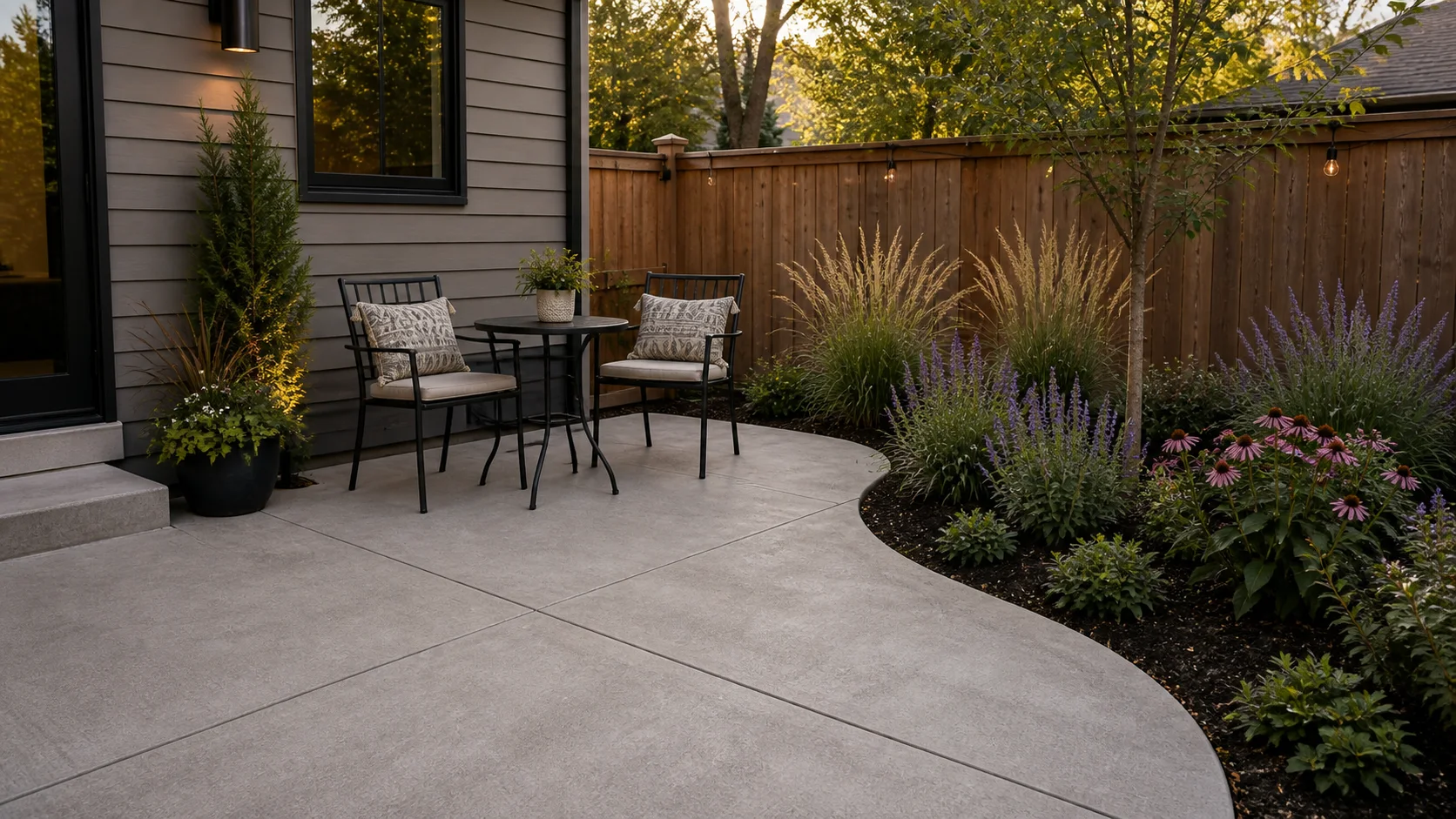 Small concrete patio with a curved planting nook and compact outdoor bistro seating.
