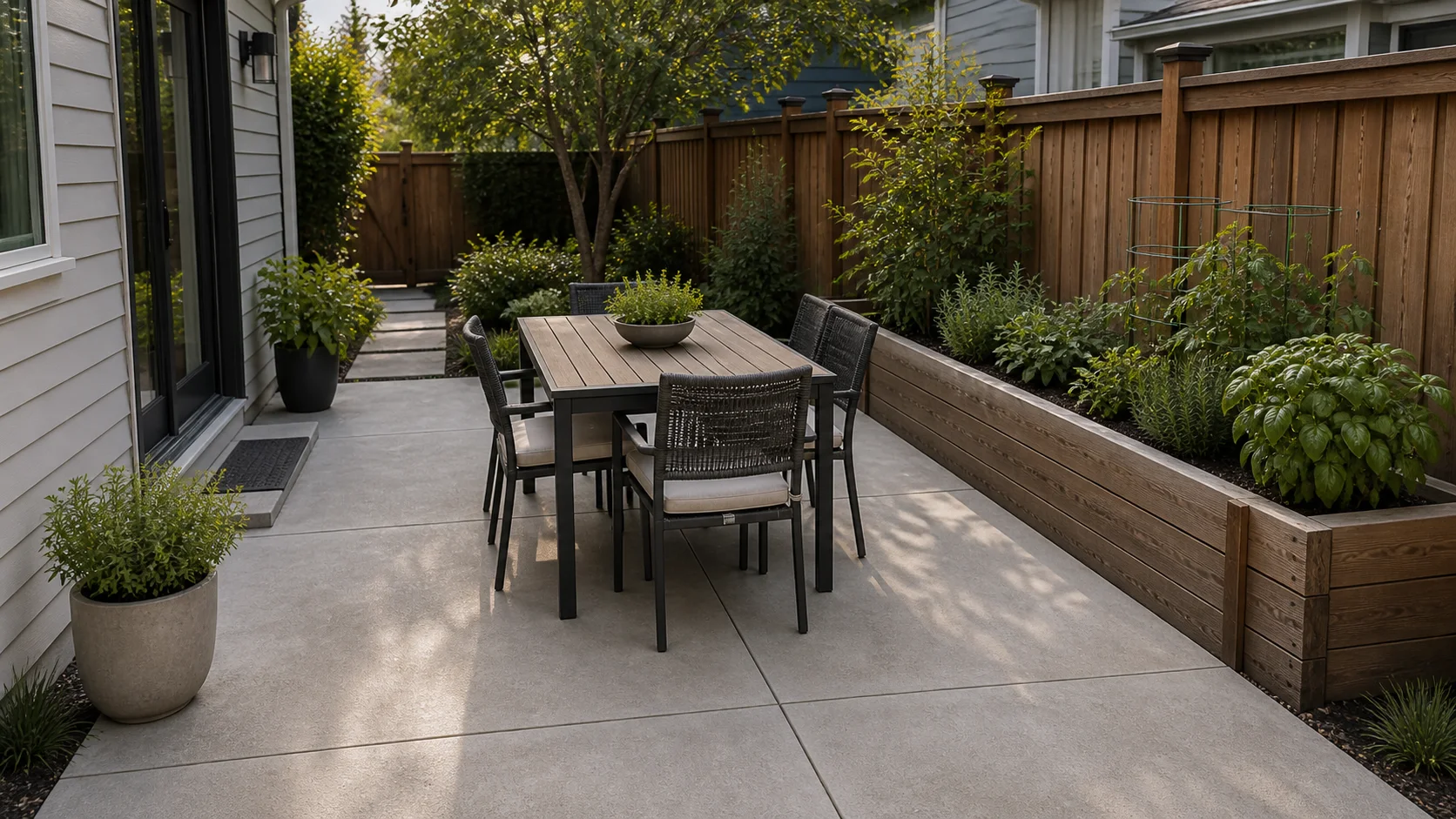 Small concrete patio with a compact dining table and raised herb planters.