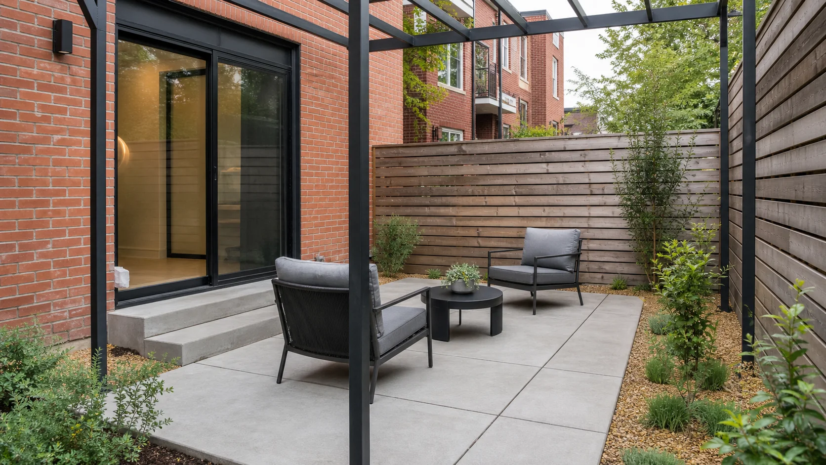 Small urban concrete patio with a narrow gravel planting strip and modern outdoor seating.