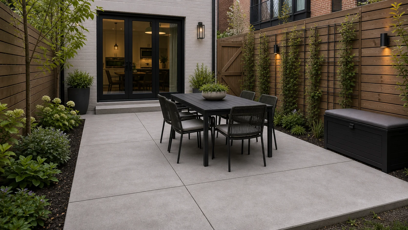 Compact townhouse concrete courtyard patio with dining for four and vertical planting.
