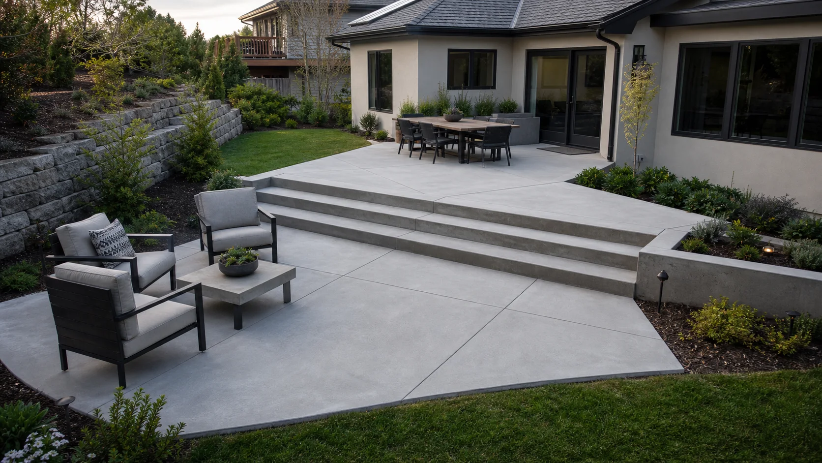 Split-level concrete patio with broad low steps adapting to a gently sloped backyard.