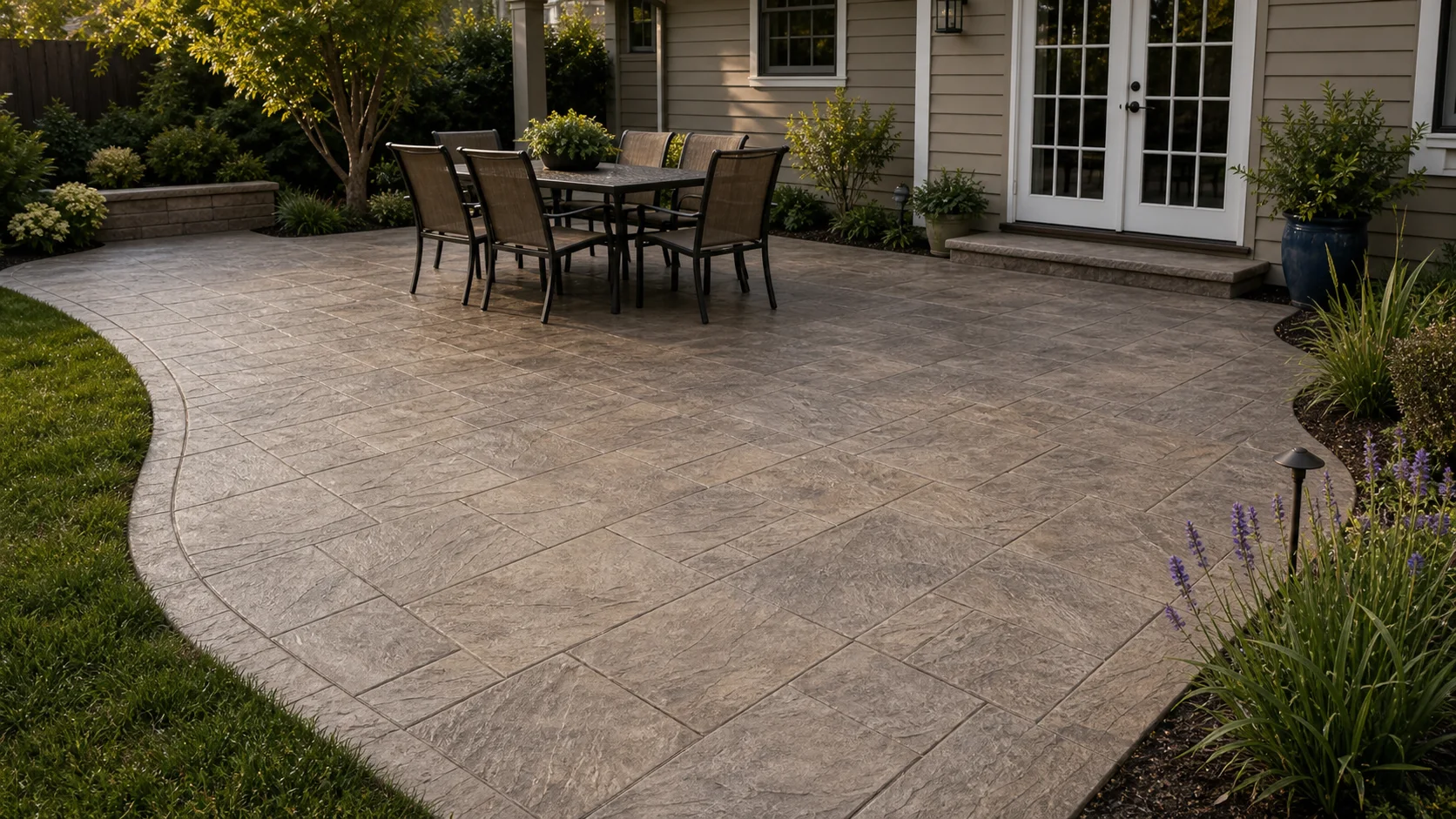 Stamped concrete patio with an ashlar slate pattern, outdoor dining, and natural planting.