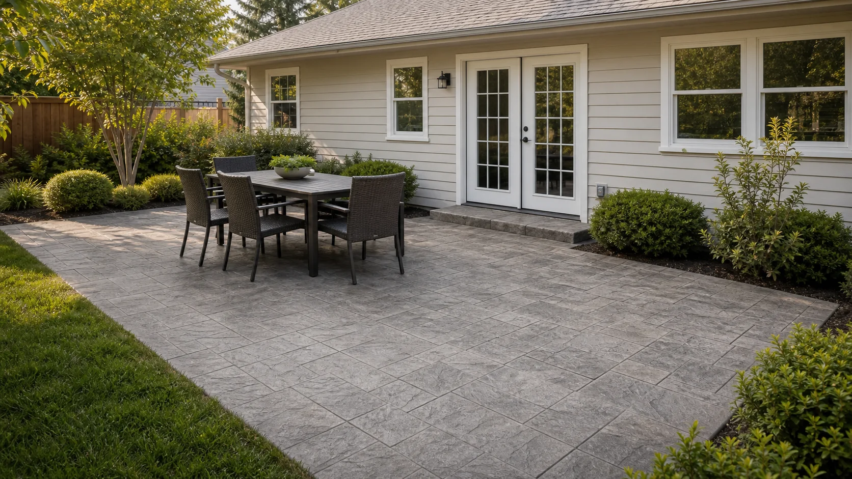 Stamped concrete courtyard patio beside a single-story ranch home with simple outdoor seating.