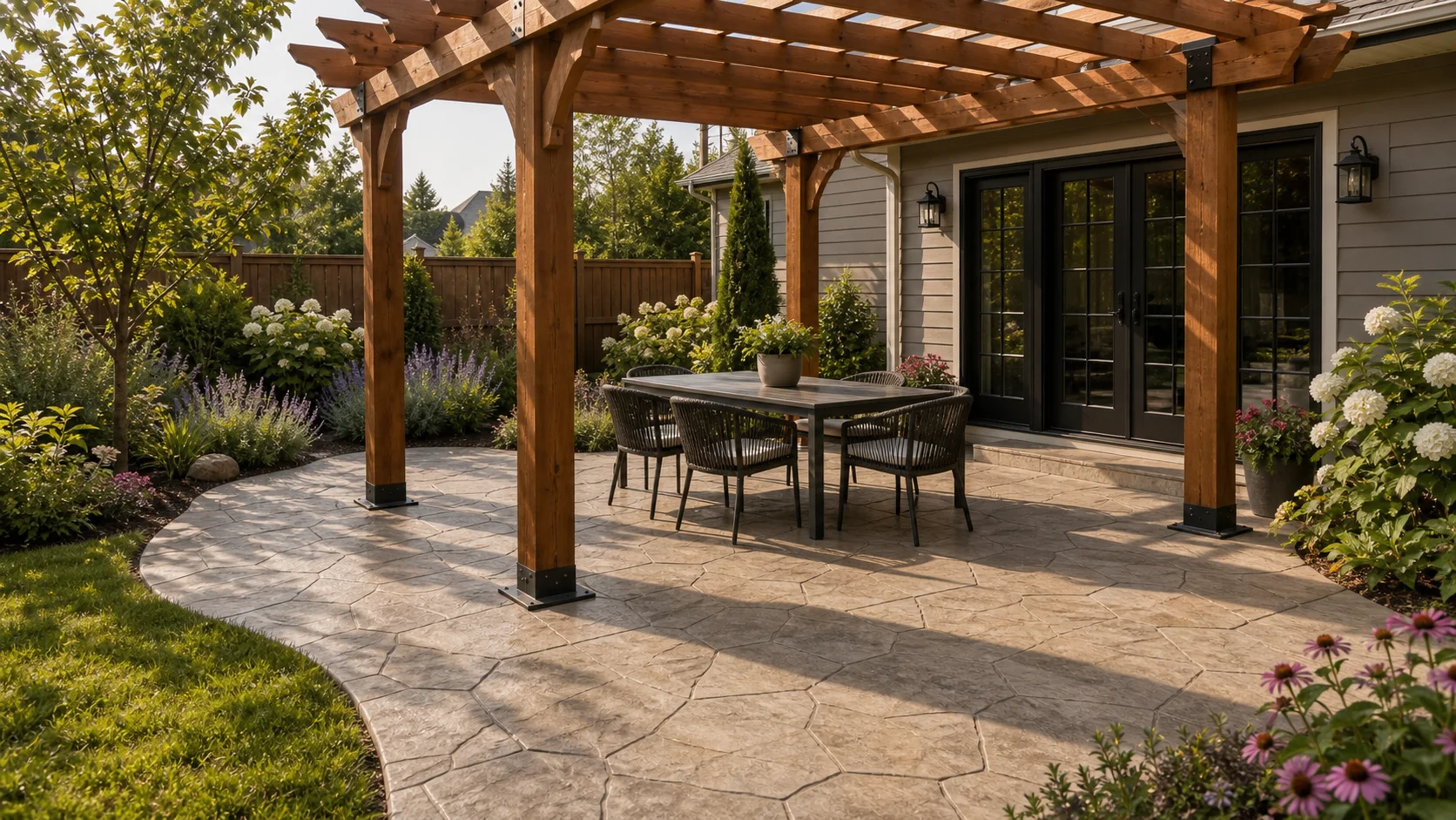 Stamped concrete flagstone patio under a cedar pergola in a residential backyard.