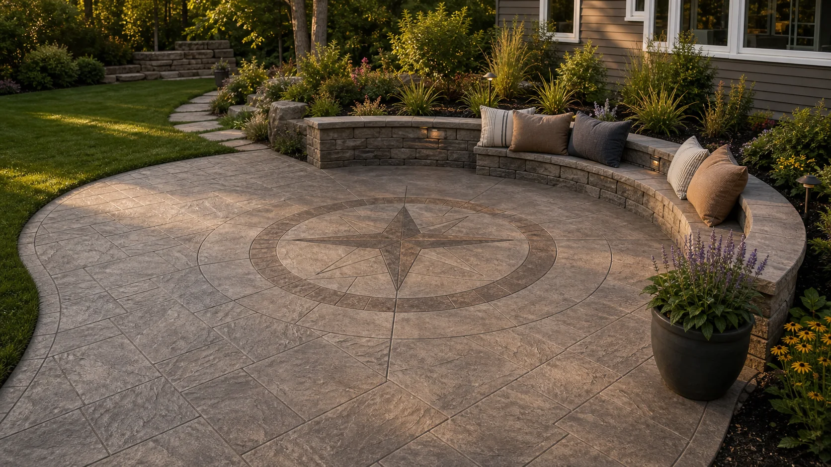 Stamped concrete patio with a subtle inlaid compass motif centered in a circular seating area.