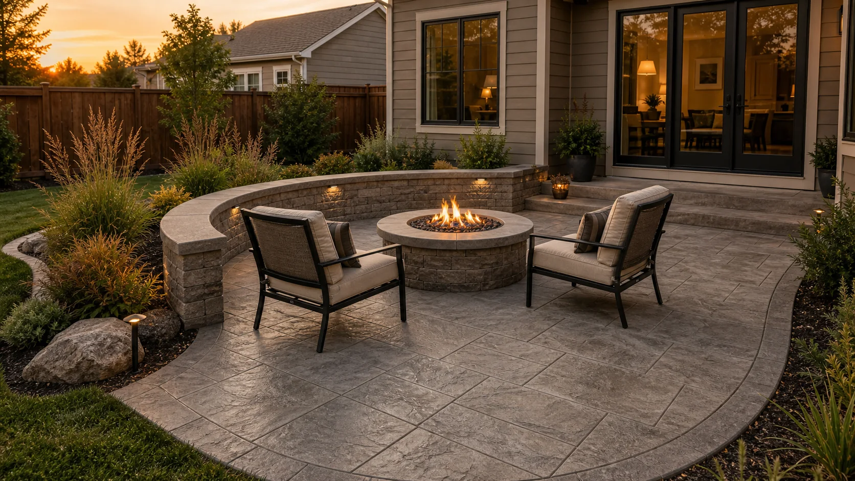 Stamped concrete patio with a curved low seat wall and compact fire-pit area.