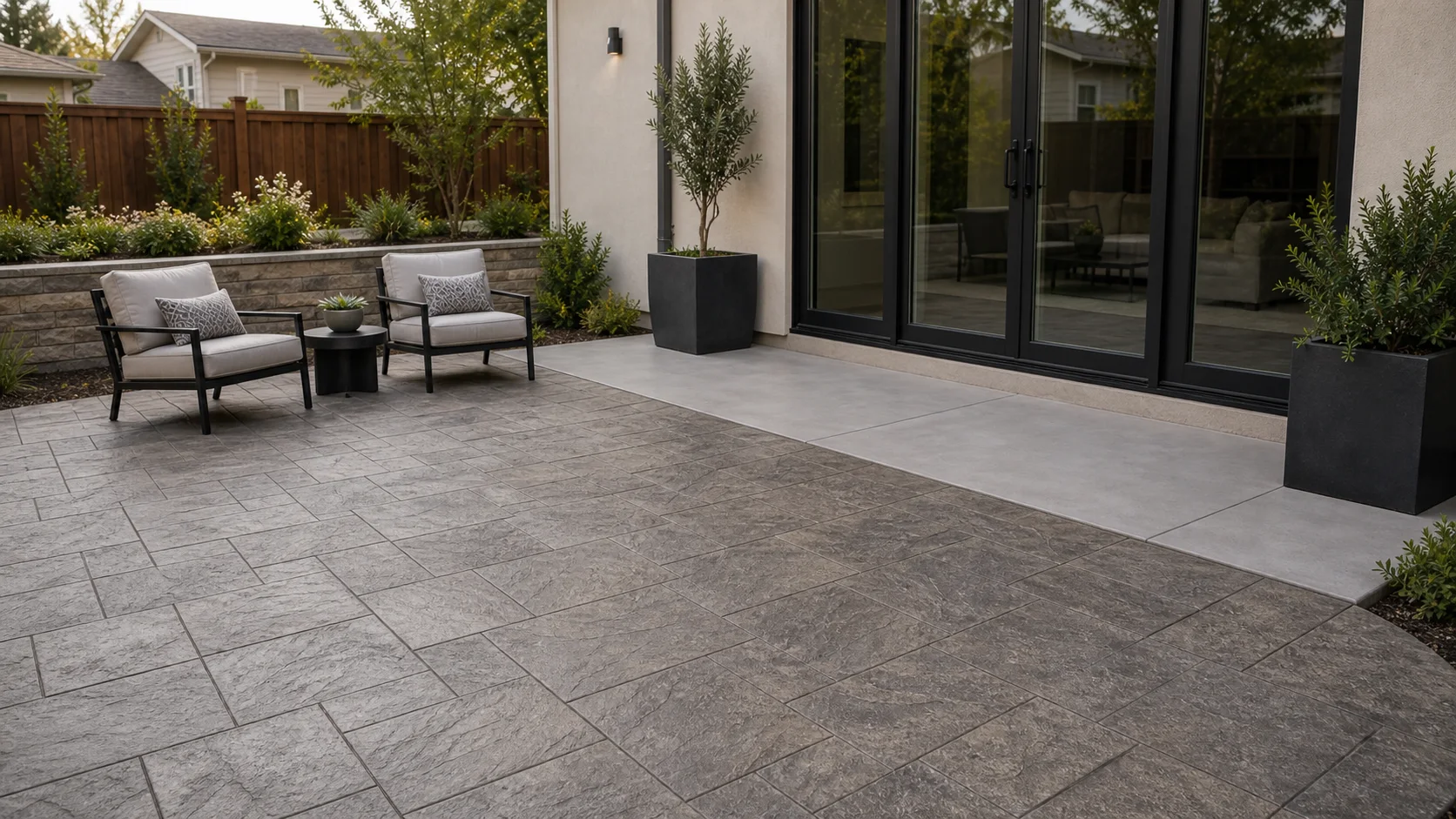 Stamped concrete patio transitioning to a smooth concrete apron near the house.