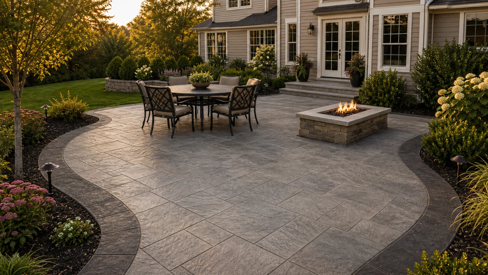 Roman slate stamped concrete patio with a curved contrasting border and garden edge.
