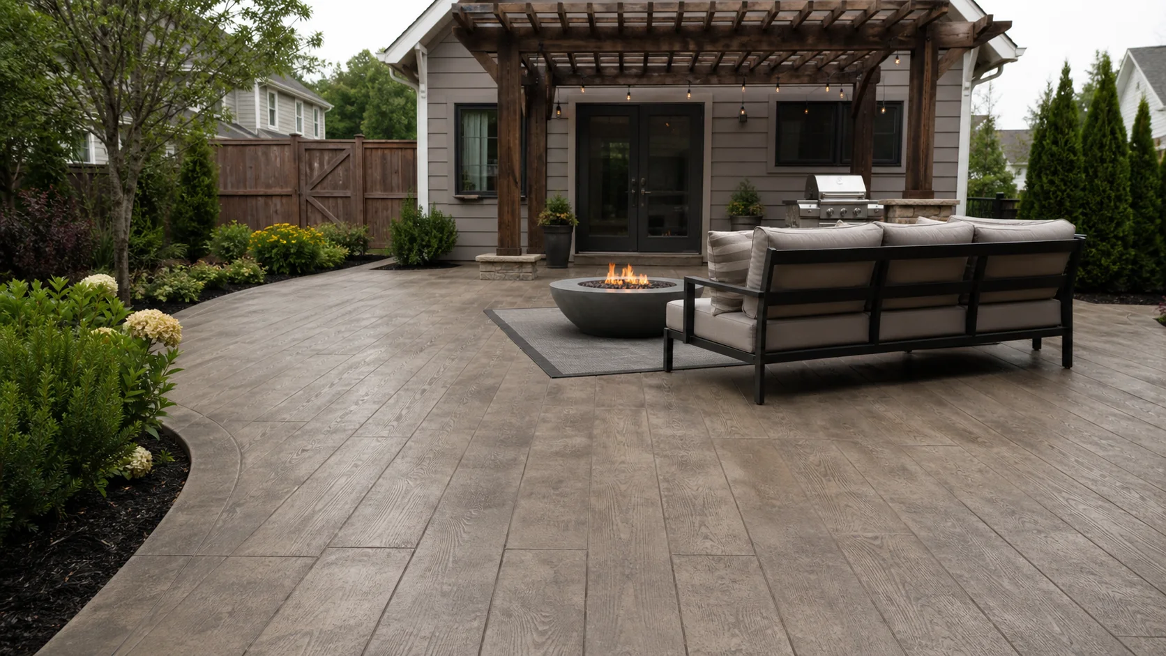 Stamped concrete patio with a weathered wood plank pattern and a casual backyard seating area.