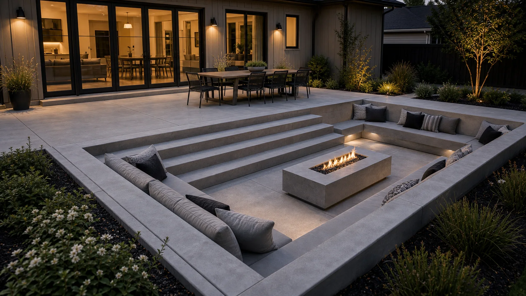 Concrete patio with a shallow sunken conversation zone and built-in seating.