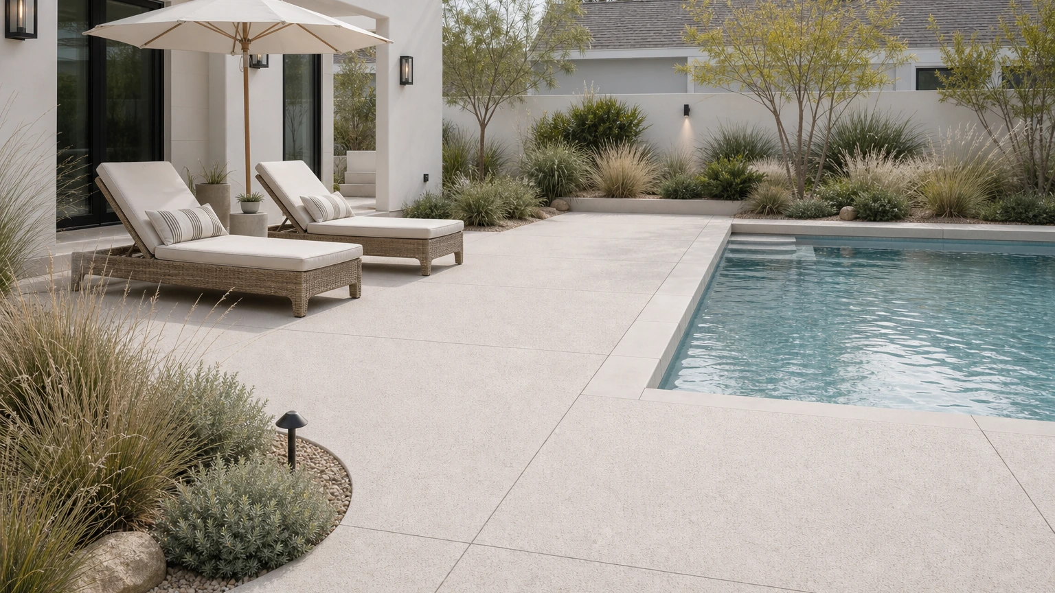 Pale concrete pool deck with coastal grasses, woven lounge chairs, and restrained evening lighting.