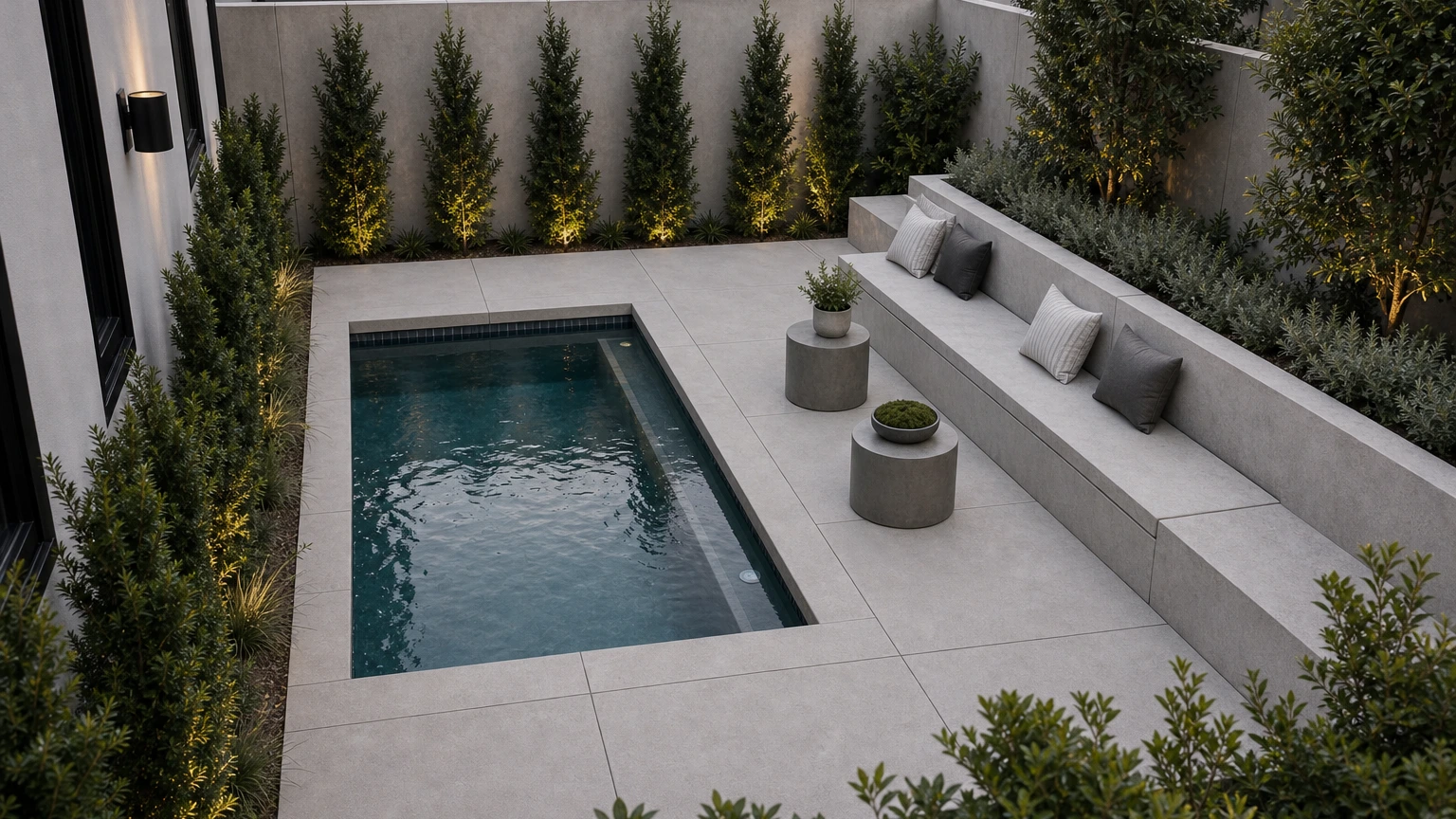 Compact courtyard pool with a concrete deck, built-in bench, and structured privacy planting.