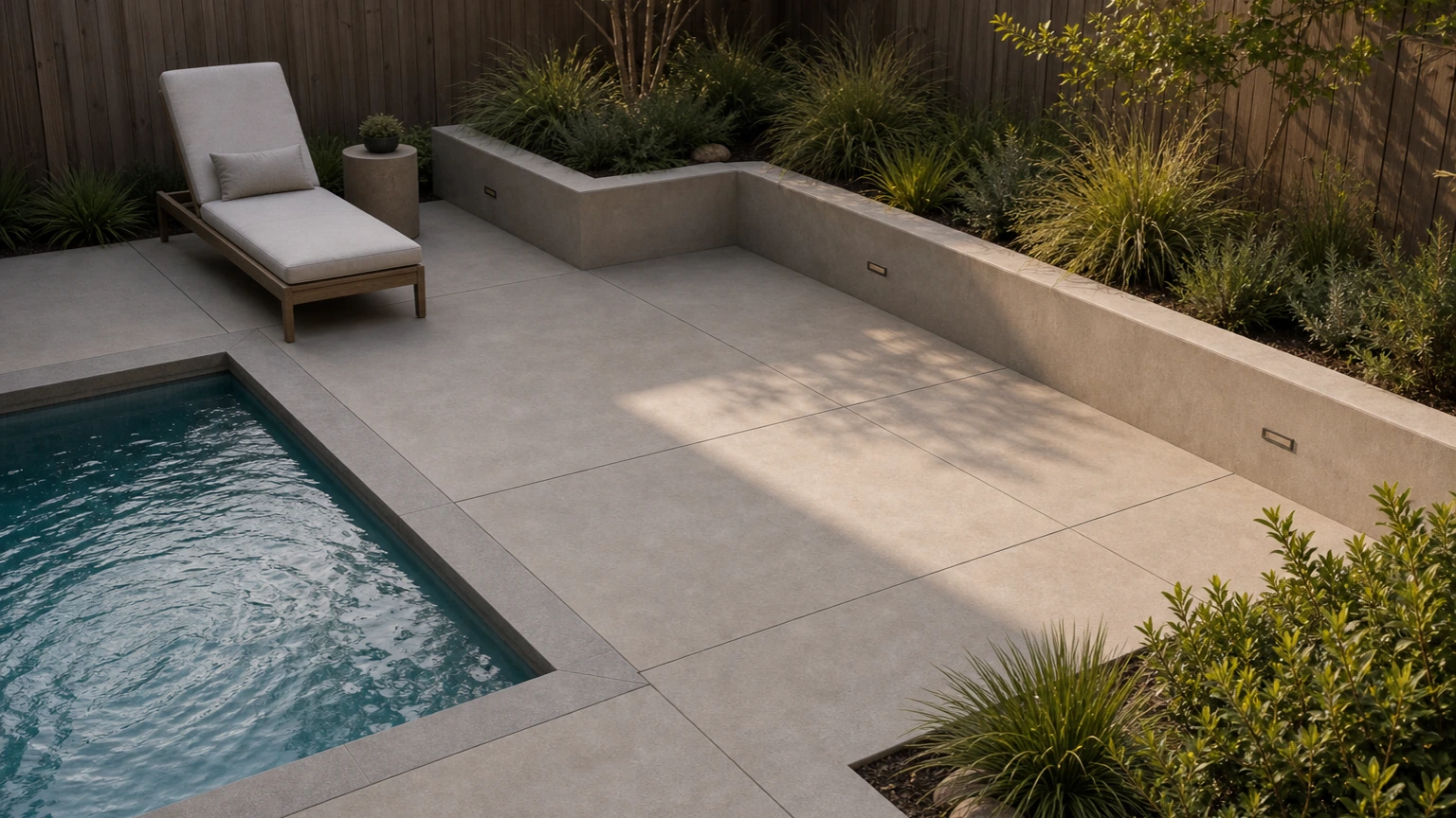 Compact concrete pool deck with a raised planter corner, lounge chair, and low-maintenance grasses.